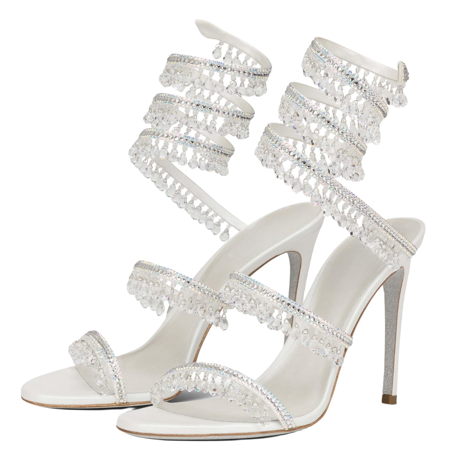 Rhinestone Tassel Wrap Around High Heels Stiletto Sandals for Women, Women's Colorful Diamonds Twist Around Open Round Toe Lace up Heeled Sandals Date