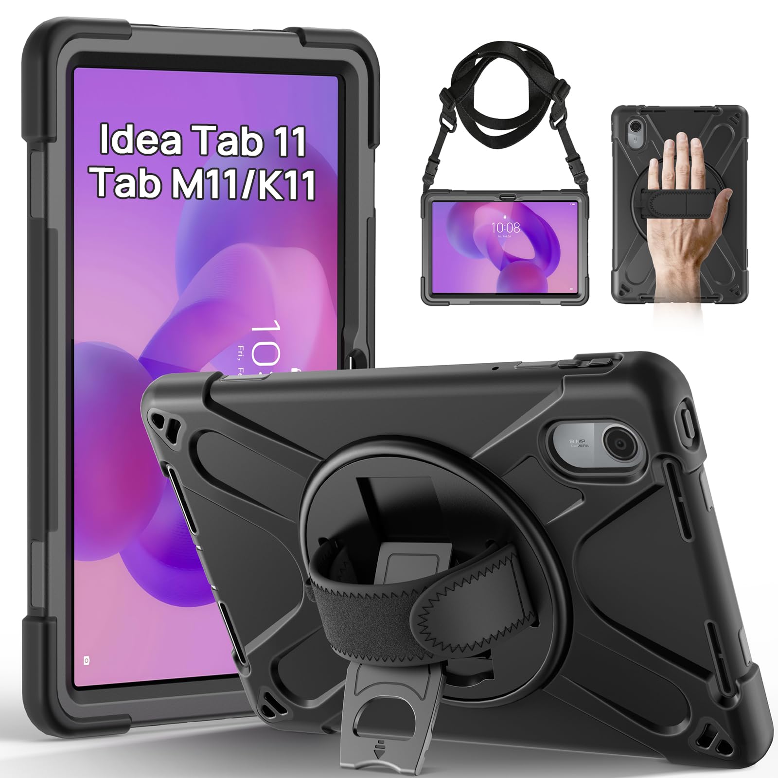 Gerutek Funda Anticaída para Lenovo Idea Tab 11 Pulgadas 2025/Tab K11 Gen 2/Tab M11/Xiaoxin Pad 11", (TB-336ZU/TB-336FU), Carcasa Rugosa con Soporte Giratorio, Correa de Mano/Hombro, Portalápiz, Negro