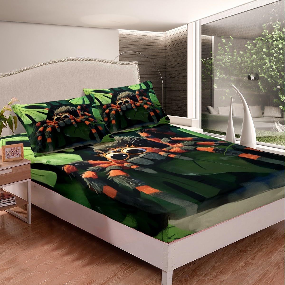 Cartoon Tarantula Fitted Sheet,Palm Leaves Green Tropical Plants Bedding Set for Kids Teens Adults,Jungle Wild Animal Spider Decor Bed Cover with 2 Pillowcases(No Top Sheet),Queen Size 3 Pcs