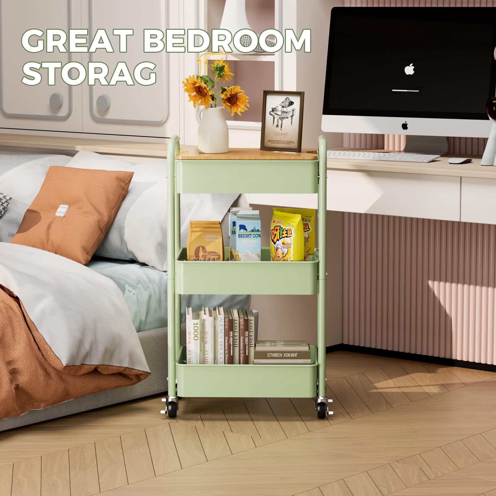 Carrello a rotelle a 3 livelli con tavolo, carrello da servizio, carrello multiuso in metallo, scaffale su ruote, scaffale, organizer da cucina, robusto carrello multiuso per cucina(Verde)