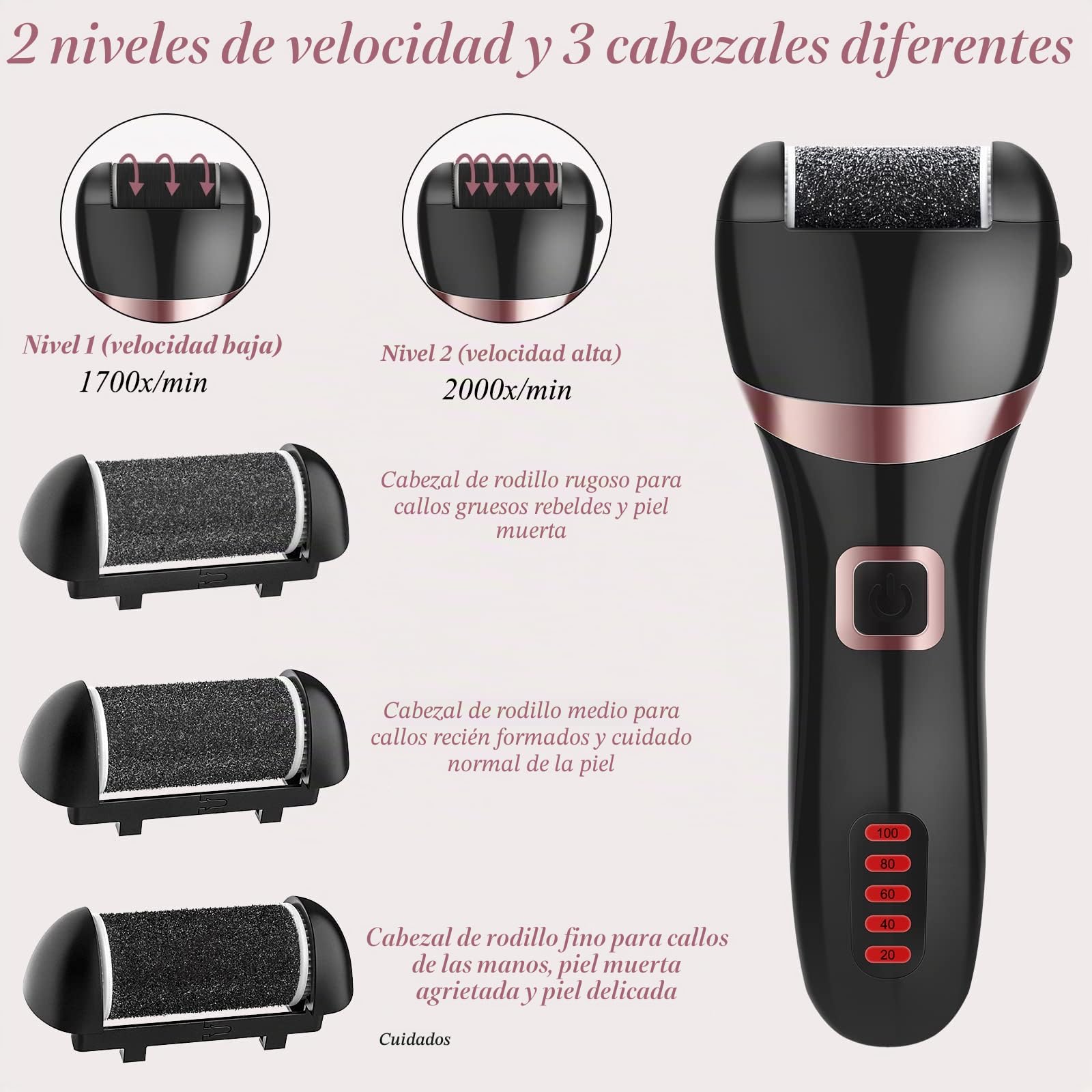 Lima Electrica Pedicura Profesional Recargable IPX7 Impermeable Eliminar Callos Pies Durezas Cuidado Lima Blanca de Metal, 3 Recambios 5 Niveles Bateria 1200MAH 2 Velocidades