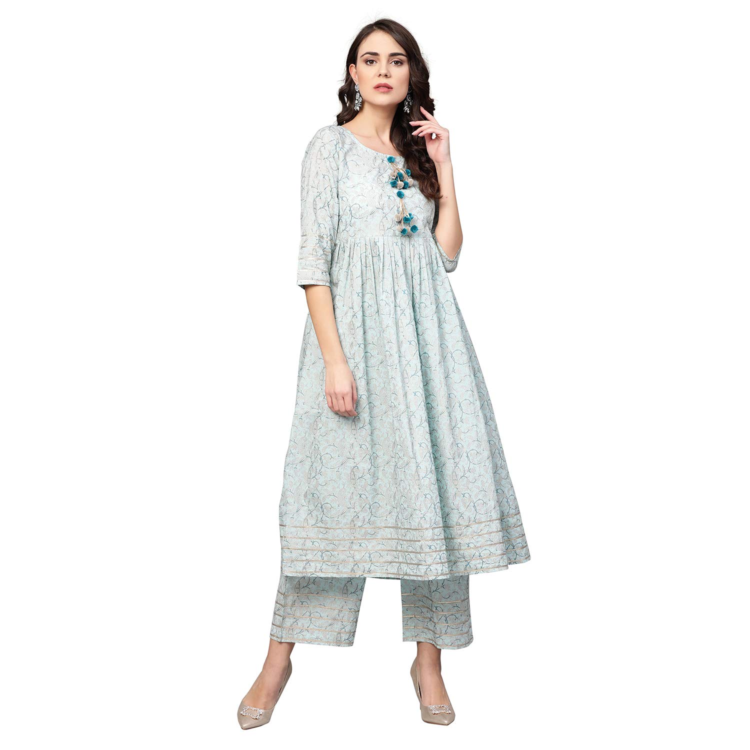 Idalia Cotton Blend Kurta Set For Women, 3/4 Sleeve, Calf-Length, Elegant Design For Special Occasions Multicolour