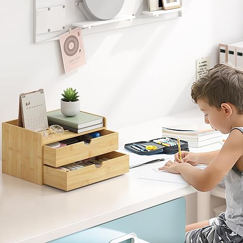 Miniatura 2 de Organizador de escritorio de bambú con cajones, cajones de almacenamiento de escritorio para facturas, suministros de oficina, utensilios de cocina,