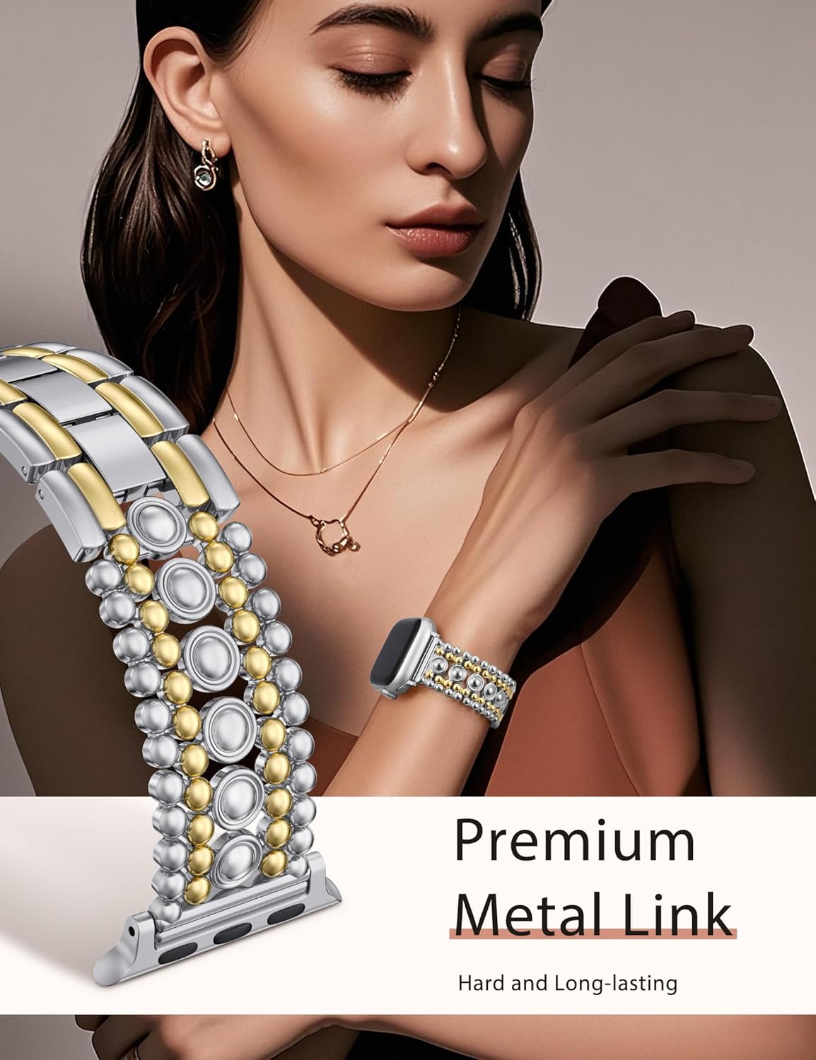 Minyee Compatible with Apple Watch Band 42/46/38/40/41/44/45/49mm Women, Dressy Pretty Stainless Steel Metal Strap Fancy Studded Designer Link Bracelet for iWatch Series 11 10 9 8 7 6 5 4 SE/Ultra 3 - Image 4