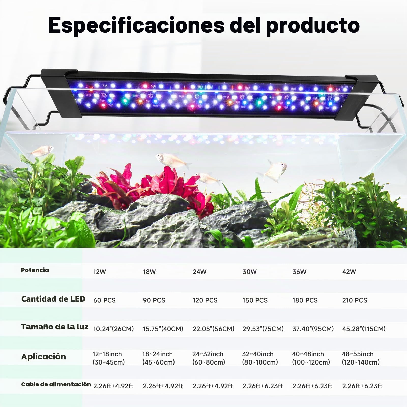 Lámpara LED para acuario AQQA, lámpara LED para acuario de 42W de espectro completo 24/7, iluminación de acuario regulable con temporizador, iluminación para plantas de acuario con función de memoria