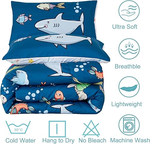 Miniatura 6 de WINLIFE Juego de edredón matrimonial de 3 piezas para niños, edredón reversible súper suave para adolescentes, edredón estampado con tema oceánico,