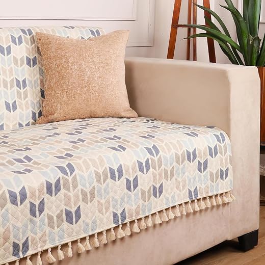 STITCHNEST Quilted Velvet Sofa Cover with Tassels – 70x60 Inch, Beige & Blue Chevron Pattern, Soft & Premium, Washable Sof...