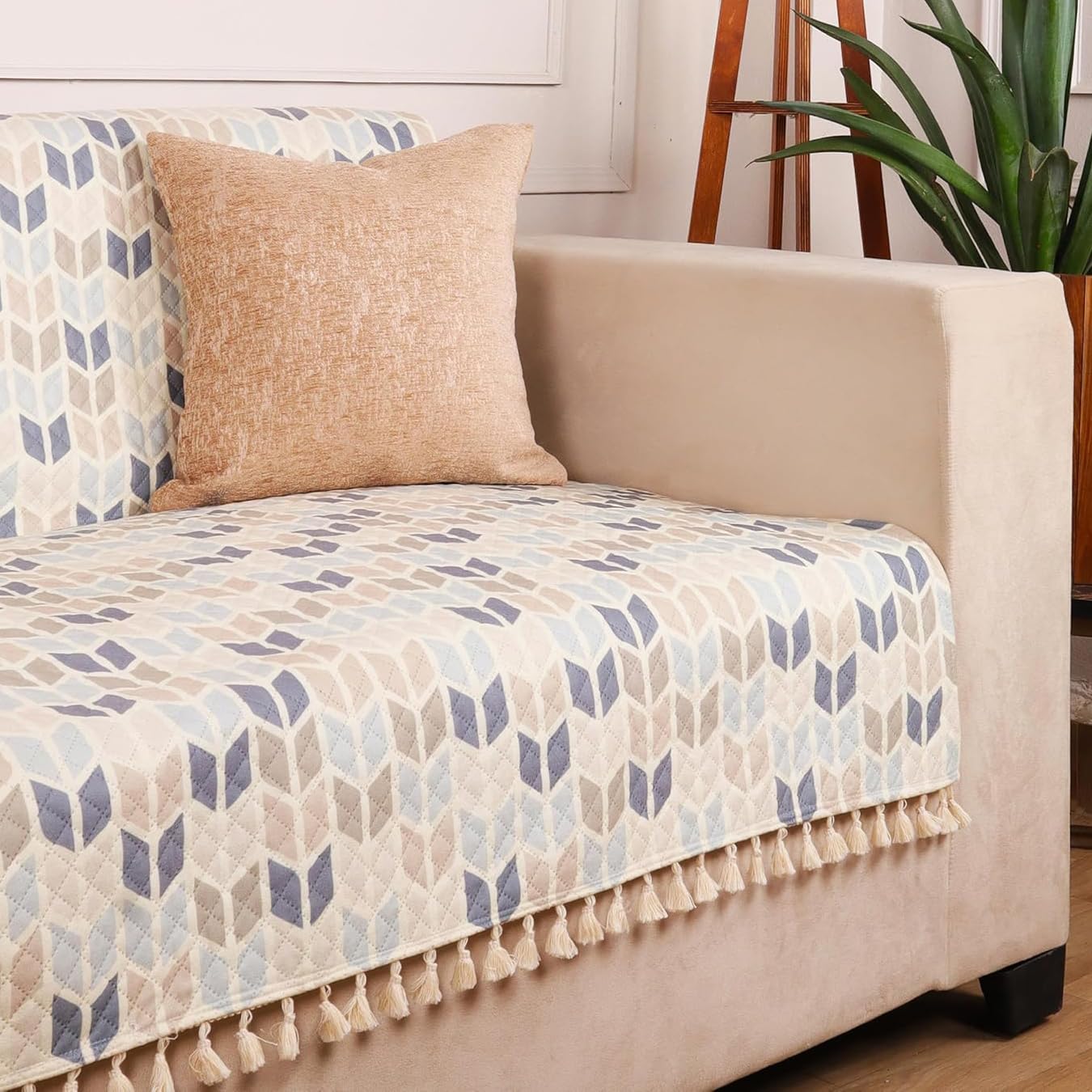 STITCHNEST Quilted Velvet Sofa Cover with Tassels – 70x52 Inch, Beige & Blue Chevron Pattern, Soft & Premium, Washable Sofa Protector for 3-Seater
