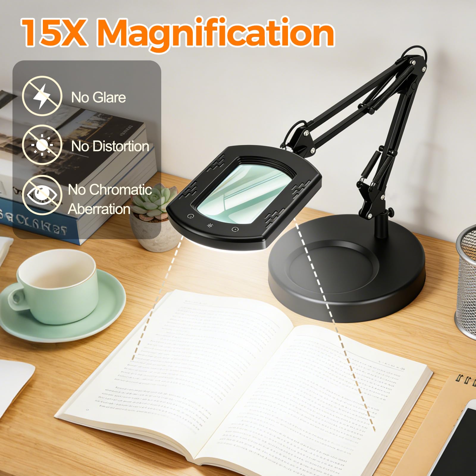 Lupa rectangular de 15 aumentos con 5 modos de color regulable continuamente, lámpara de escritorio con luz LED 2 en 1 y abrazadera con soporte, lupa manos libres para leer, reparar pintura