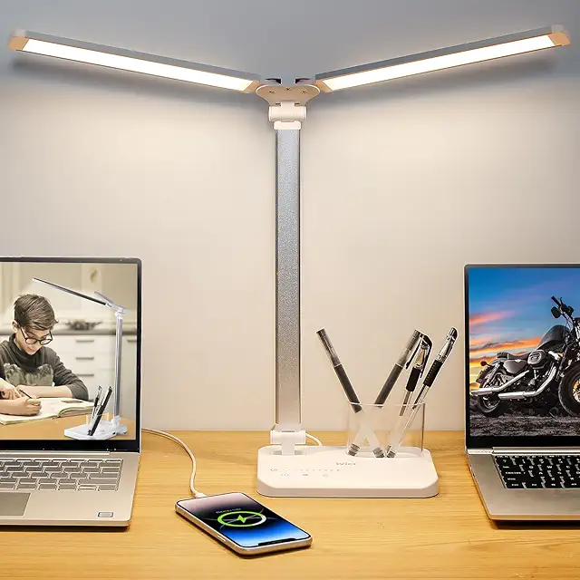iVict Dual Swing Arm LED Schreibtischlampe mit USB-Ladeanschluss und Timer