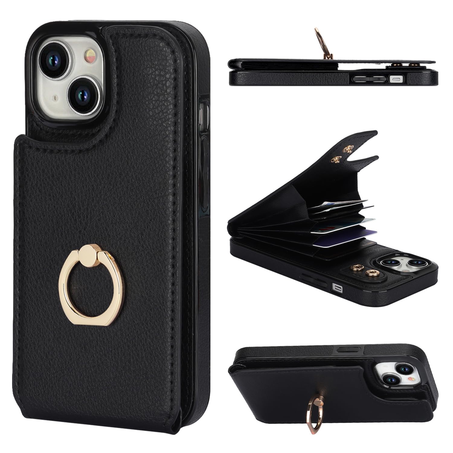 Folosu Compatible with iPhone 15 Case Wallet with Card Holder, 360°Rotation Finger Ring Holder Kickstand, RFID Blocking Leather Protective Double Buttons Shockproof Cover 6.1 Inch (Black New)