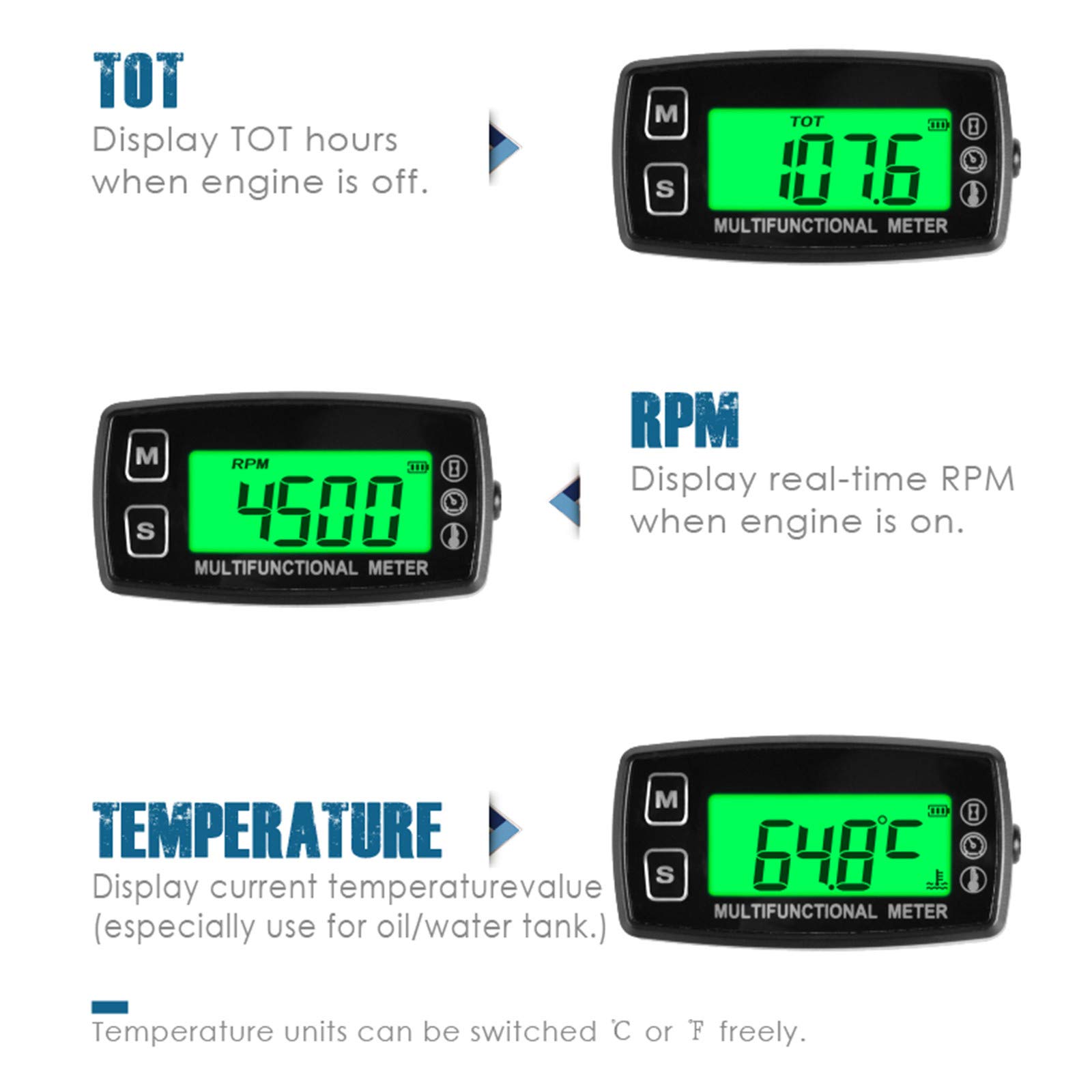 Runleader HM035T TS001 Contagiri induttivo con display retroilluminato termometro per tutti i motori a benzina ATV UTV motociclo PWC marine boat impermeabile Temperatura olio/acqua/liquido