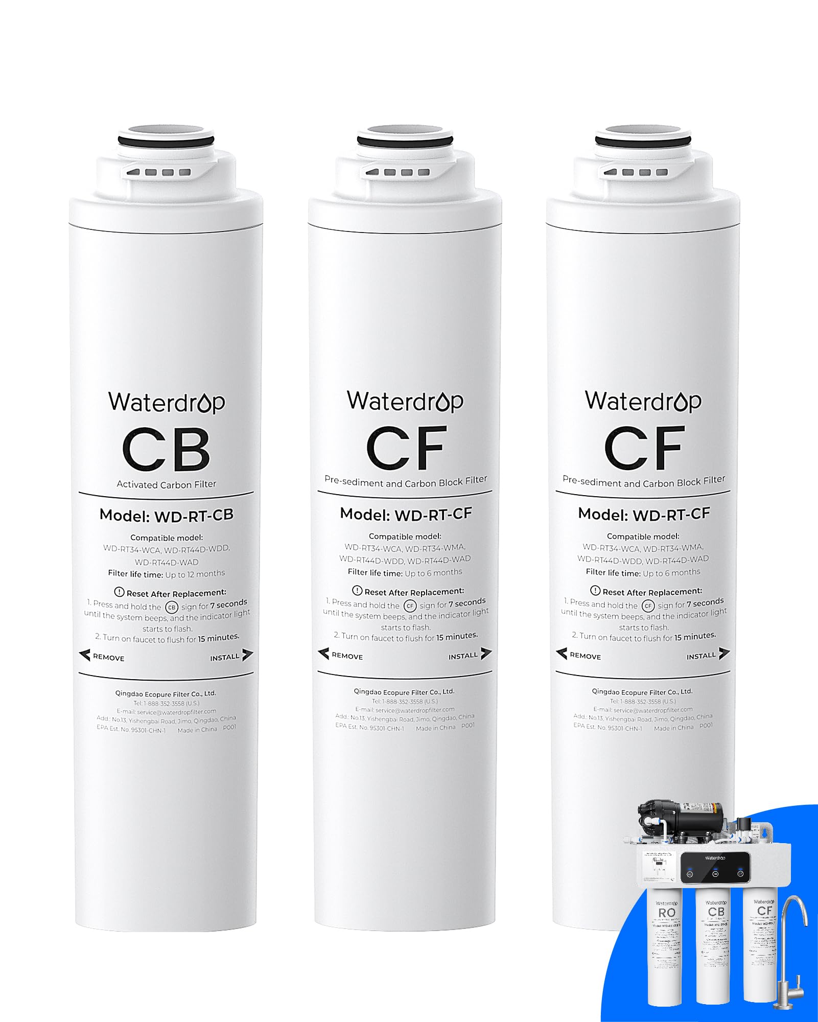 Waterdrop 𝐖𝐃-𝐓𝟑-𝐑𝐂 Replacement Filter 1-Year Combo, Pack of 2 CF Filters and 1 CB Filter, Replacement for 𝐖𝐃-𝐓𝟑-𝐂 Tankless Reverse Osmosis