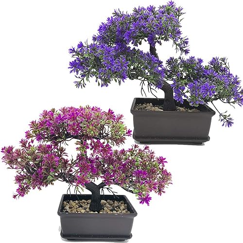 Fycooler Artificial Bonsai Tree - Fake Plant in Pot Artificial Plants,Japanese Pine Bonsai Plant for Home Decoration,Office/Windowsill/Yard,Desktop Display,Trees Indoor Zen Garden Décor (2 Color Set) - Pink+purple