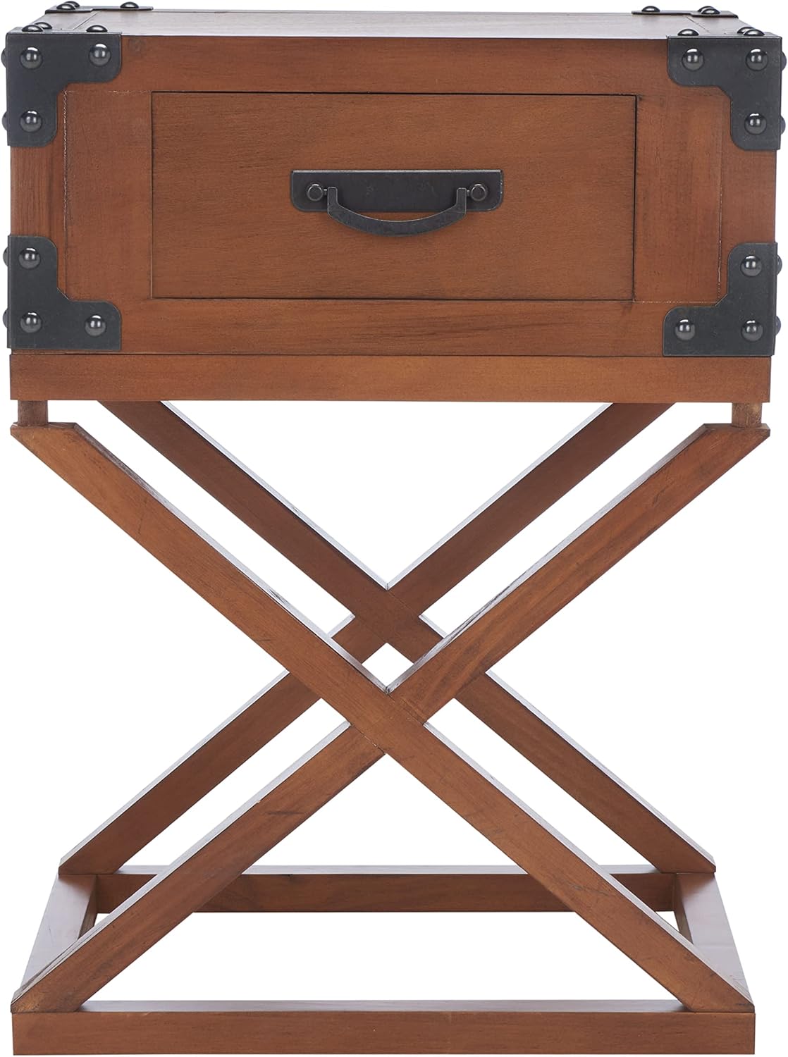 SAFAVIEH Home Collection – Dunstan Brown Accent Table with Drawer, British Campaign Style Side Table, Trunk Corner Detail (AMH5720D)