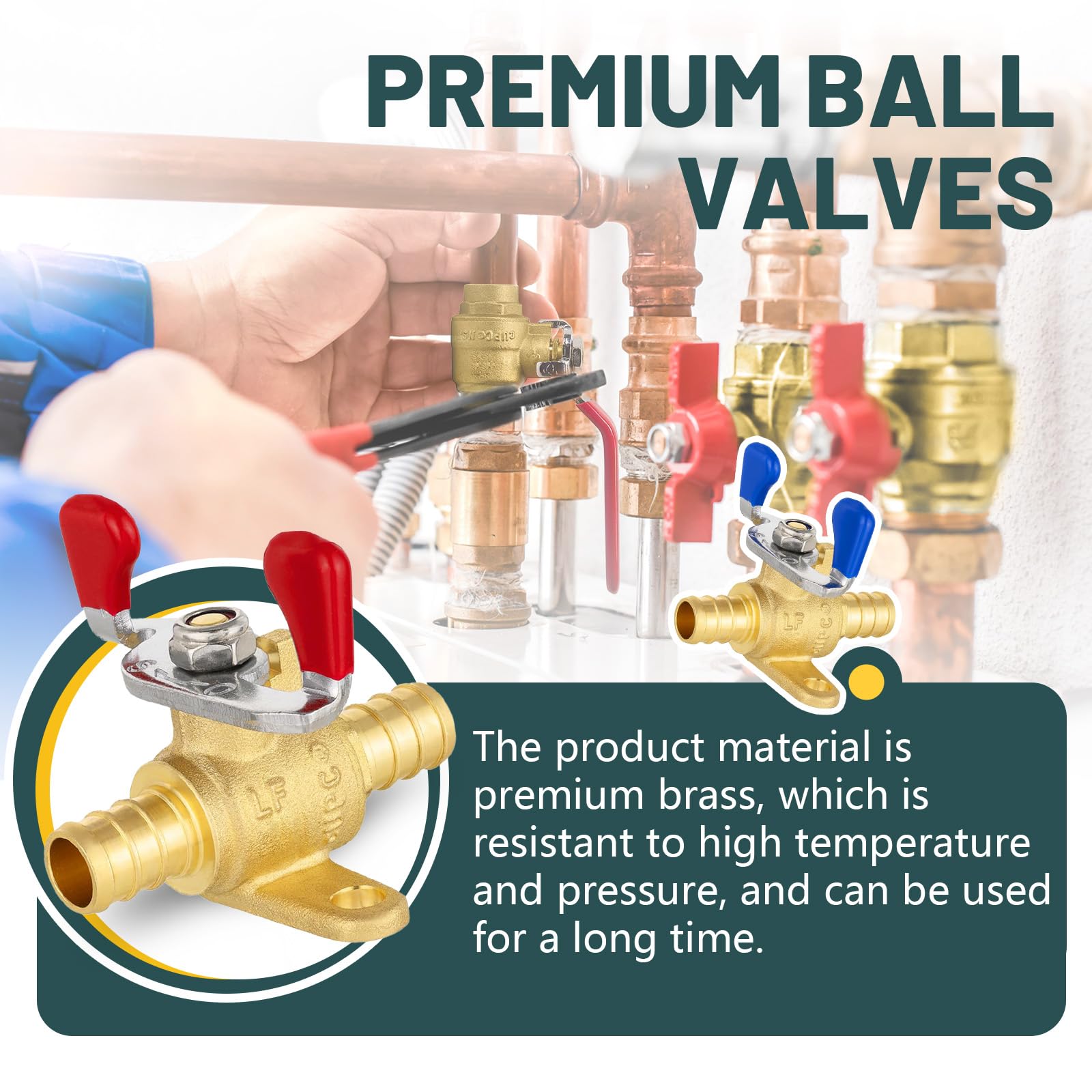 10 valvole a sfera con orecchio a goccia, 1,3 cm, valvola di chiusura a crimpare Pex con maniglia a farfalla, valvola a sfera in ottone con porta completa Pex B, per acqua, aria, carburante