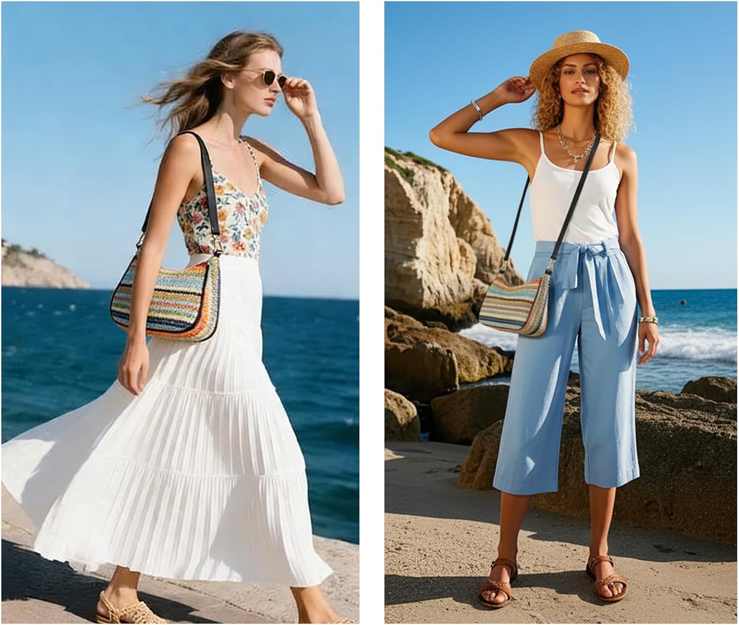 Straw Shoulder Bag for Women – Summer Woven Colorful Stripe Purse