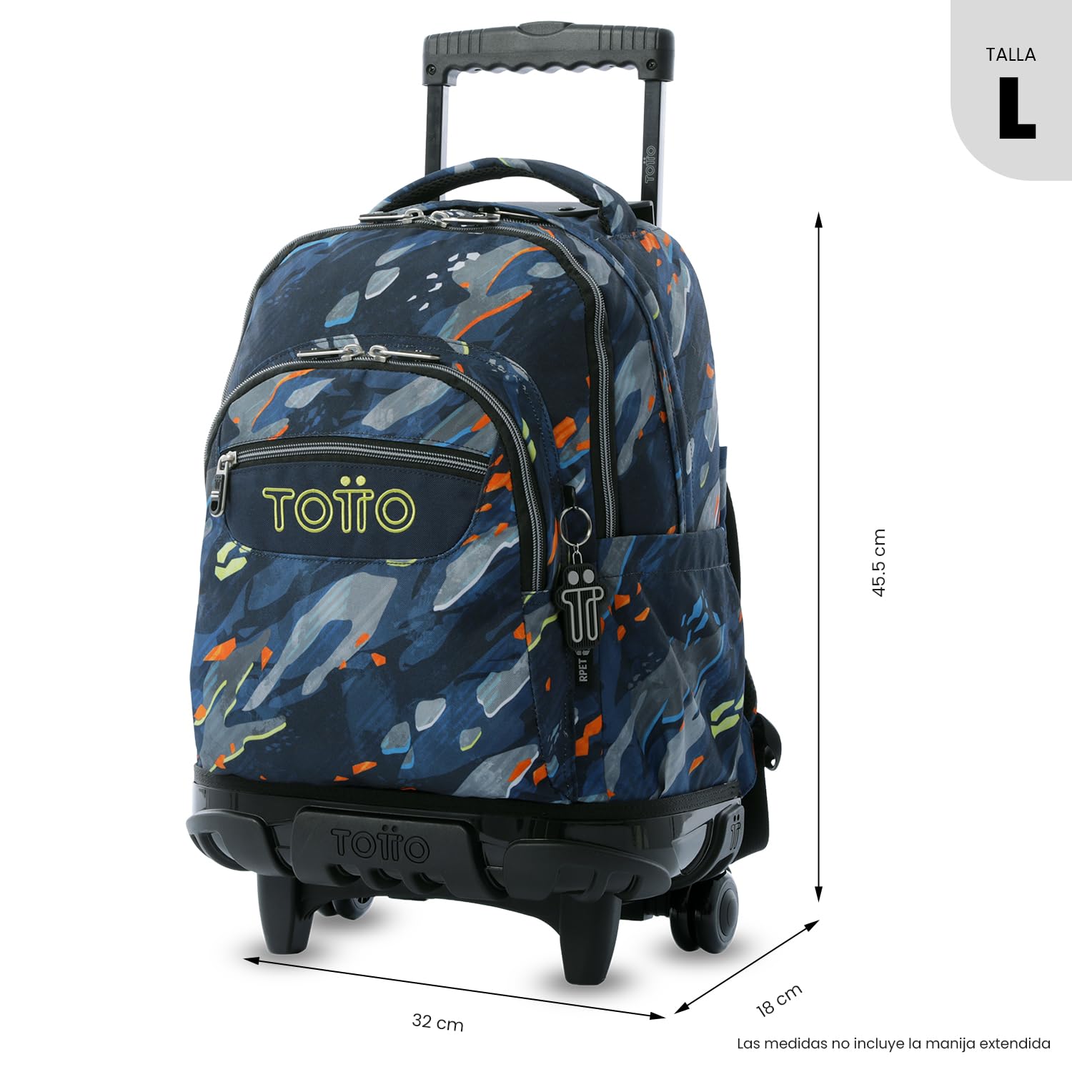 TOTTO - Mochila Escolar con Ruedas, Modelo Renglones, Capacidad 26,21 Litros, Bolsillo para PC 14", Bolsillo Botella, Correas en S para Mayor Comodidad, Resistente, Estampado Groove Azul