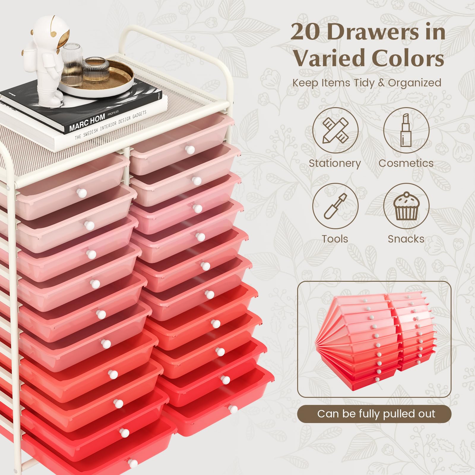 GIANTEX Carrello con 20 cassetti, impilabile, per cassetti, da cucina, bagno, ufficio, 64 x 39 x 88 cm (rosso + rosa)