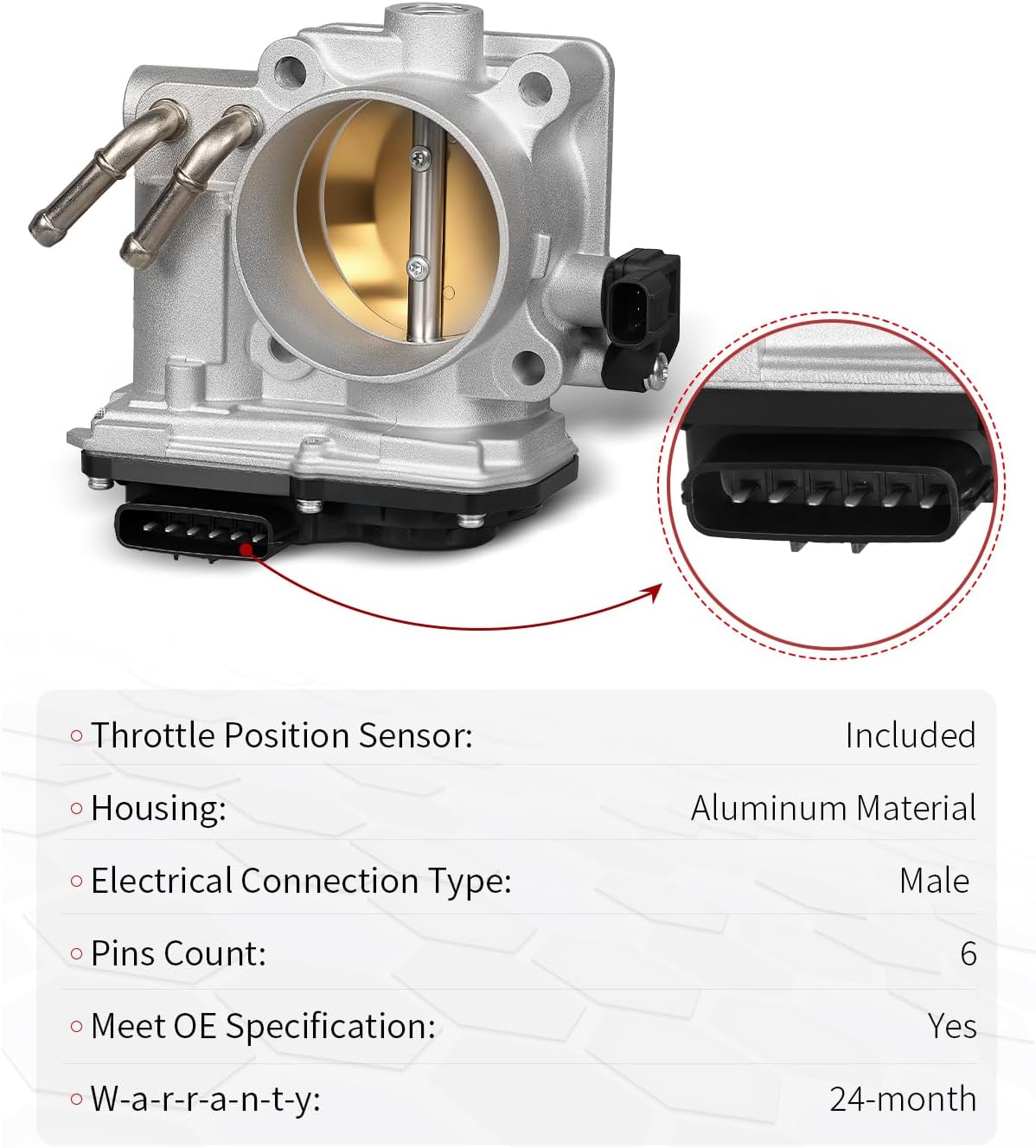 Electronic Throttle Body Fit for:-Honda 2008-2012 Accord, 2007-2017 Odyssey, 2009-2015 Pilot for:-Acura 2007-2009 MDX, 2013-2015 RDX, 2009-2014 TL, 2011 TSX 3.5L V6, 6 Pin OE# 16400RN0A01