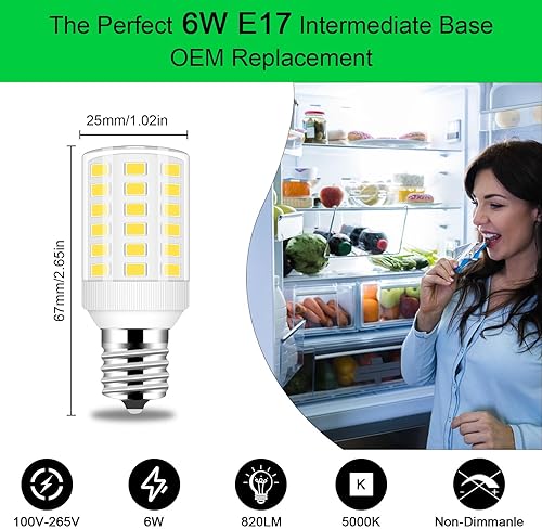 Miniatura 10 de Bombillas de base intermedia E17 equivalente a 60 W, bombilla LED Frig.idaire para congelador de 6 W, bombilla LED E17 de 3000 K, blanco cálido,