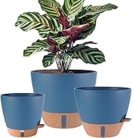 Fielda 12/10/8 Inch Self-Watering Planter Pots Navy Blue - Large Plastic Pots with Water Level Indicator, Deep Reservoir & Drainage for Indoor Outdoor Plants