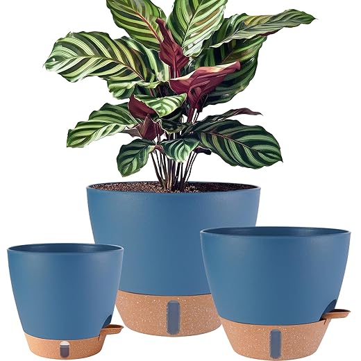 12/10/8 inch Plant Pots, Large Plastic Self Watering Planters with Drainage Holes, Deep Reservoir, Water Level Indicator, Modern Decorative Flower Pots for Indoor Outdoor Plants (Navy Blue, 12/10/8)