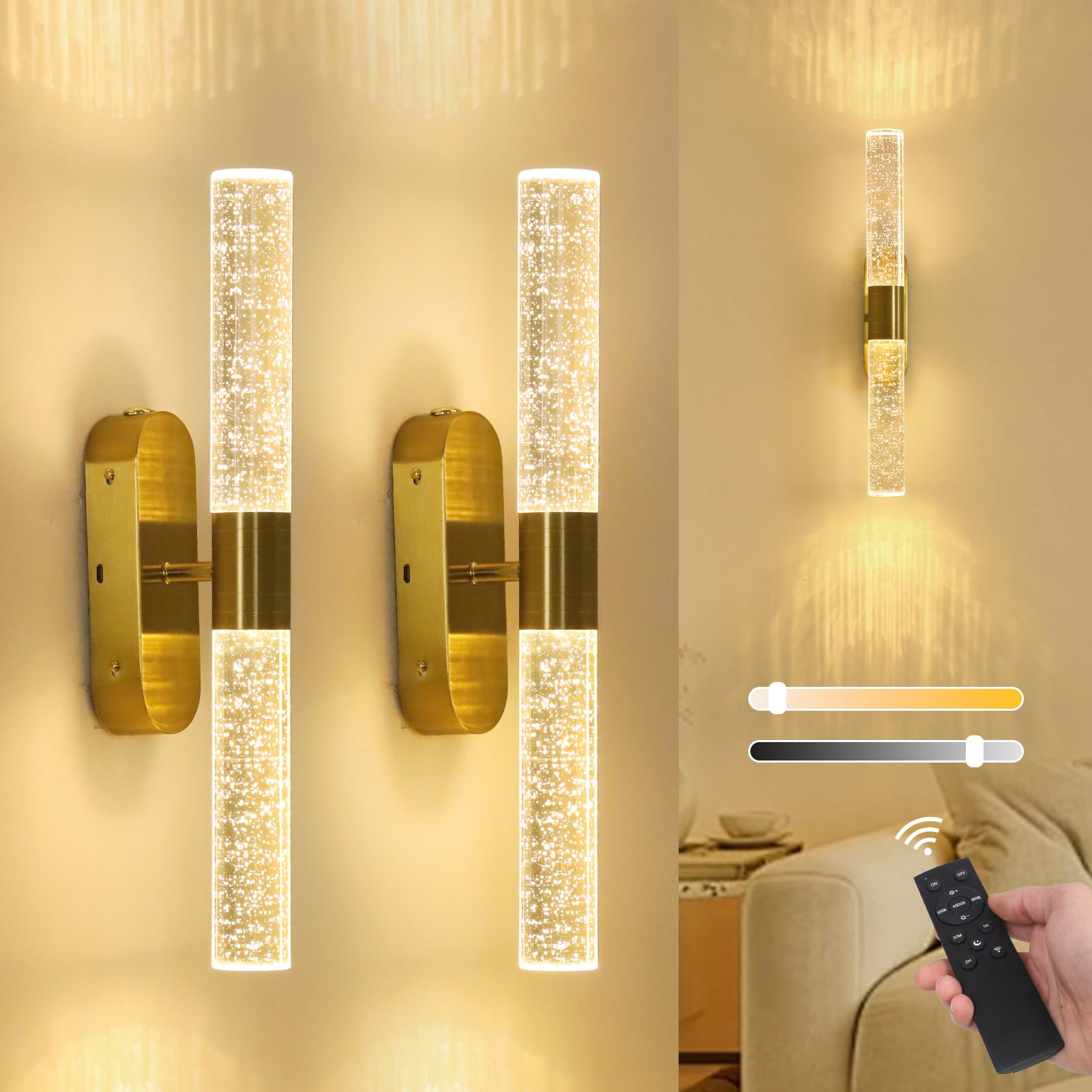 Stepeak Rechargeable Wall Lights Set of 2, Battery Operated Wall Lights with Remote, Gold Wireless Wall Light with Bubble Glass Shade, USB-Charged Battery Powered Wall Sconces for Living Room Bedroom