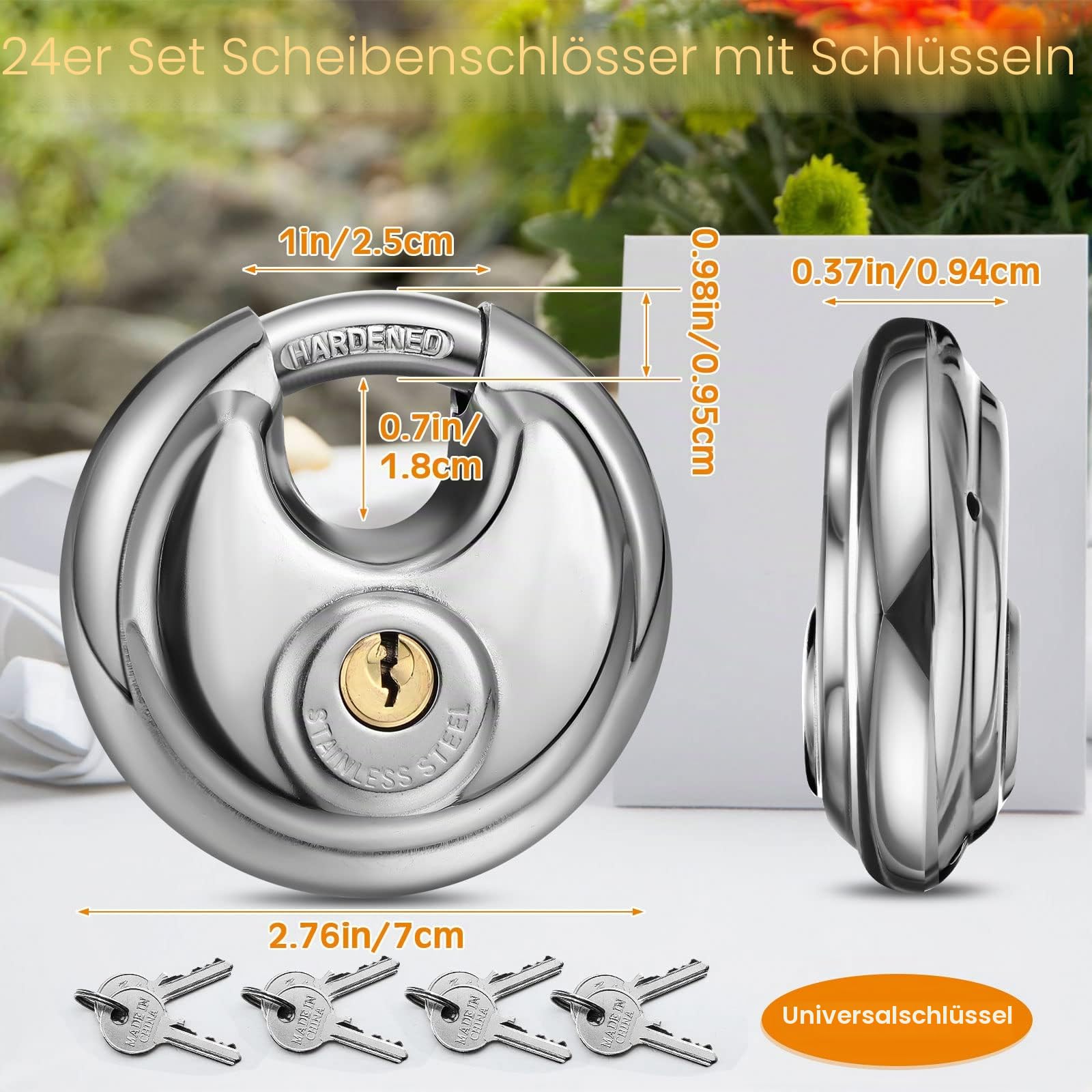 Therwen 24 Stück Vorhängeschloss mit Schlüssel mit 48 Stück Schlüsseln, Edelstahl, Diskusschloss, wasserdicht und rostfrei, Scheibenschloss, Lagerung, Outdoor
