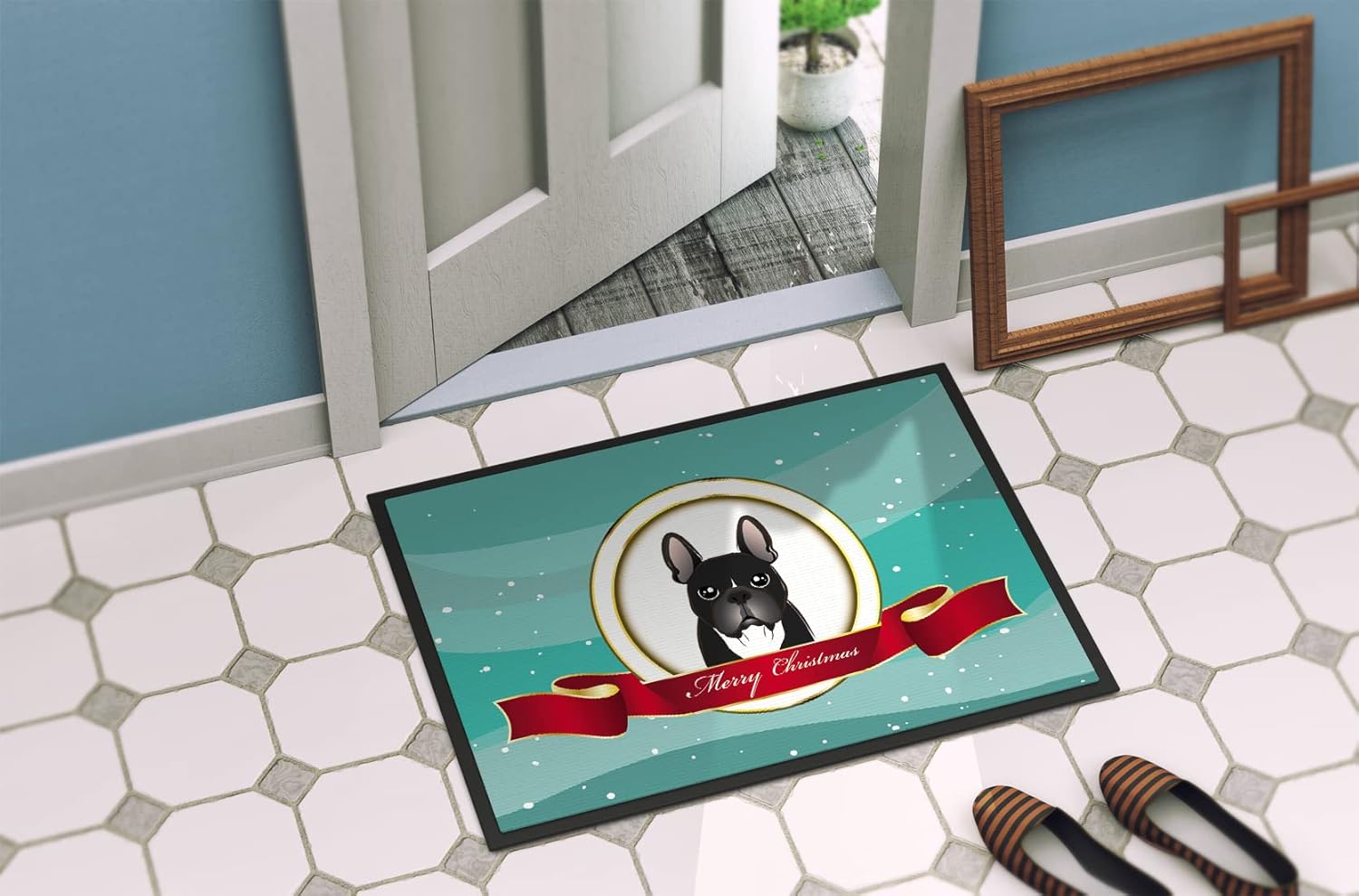 Caroline's Treasures BB1537JMAT French Bulldog Merry Christmas Doormat 24x36 Front Door Mat Indoor Outdoor Rugs for Entryway, Non Slip Washable Low Pile, 24H X 36W