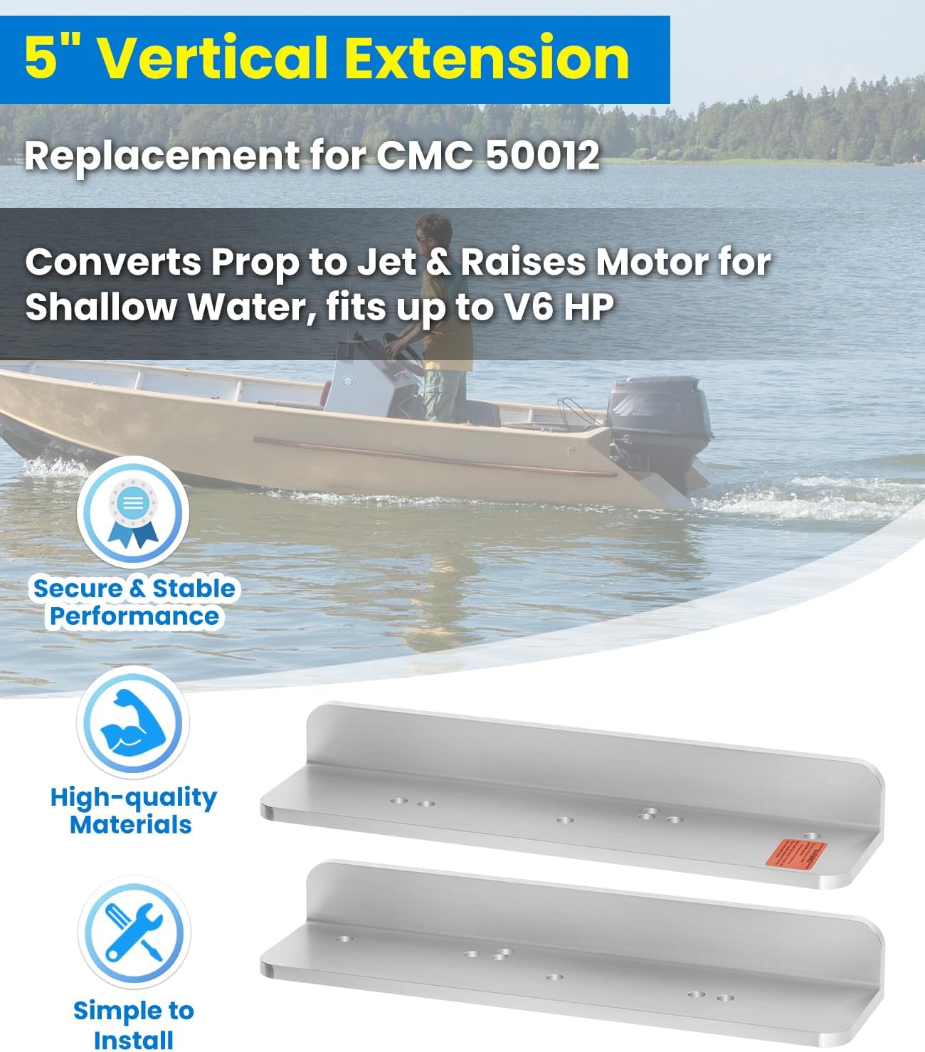5" Vertical Extension for Outboard Motors | Direct Replacement for CMC 50012 Static Jack Plate | Converts Prop to Jet & Raises Motor for Shallow Water | 6061-T6 Aluminum, Fits up to V6 HP
