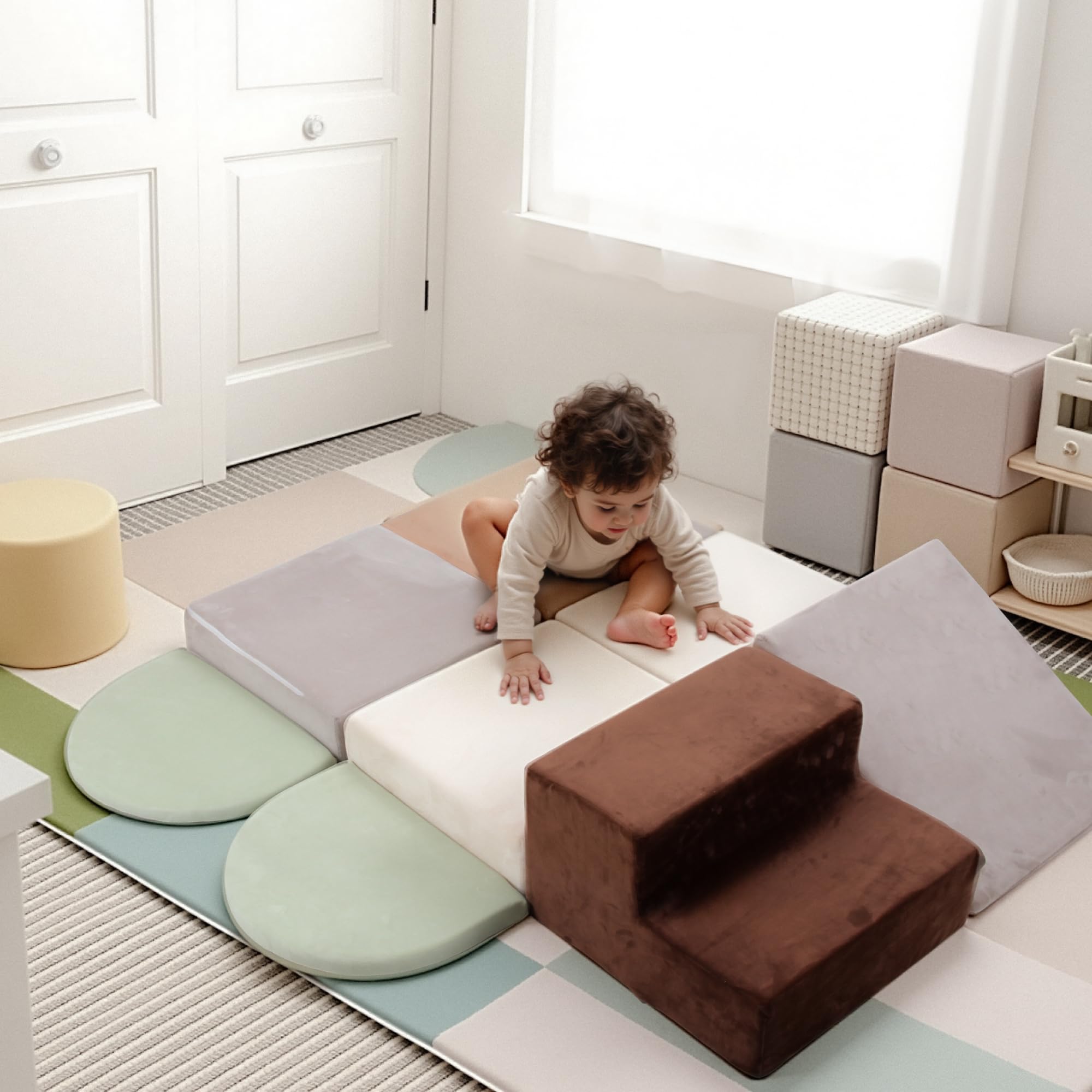 BanaSuper Parcours de Motricité, Blocs de Mousse Bébé 7 pcs, Module de Motricité Enfant Intérieur, Tapis de Jeu & Blocs d'escalade, Jeu d'Éveil Sensoriel et Physique, Cadeau pour Filles et Garçons