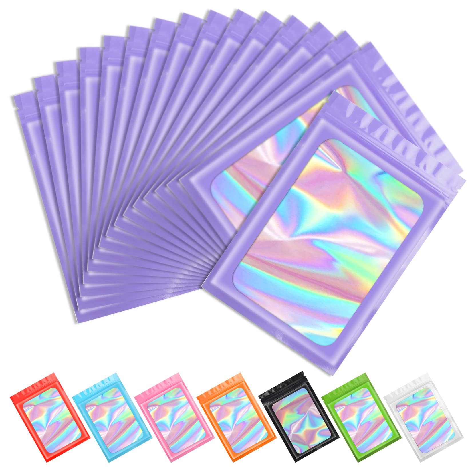 Funfery 100pcs Purple Mylar Holographic Bags Packaging Bags for Food