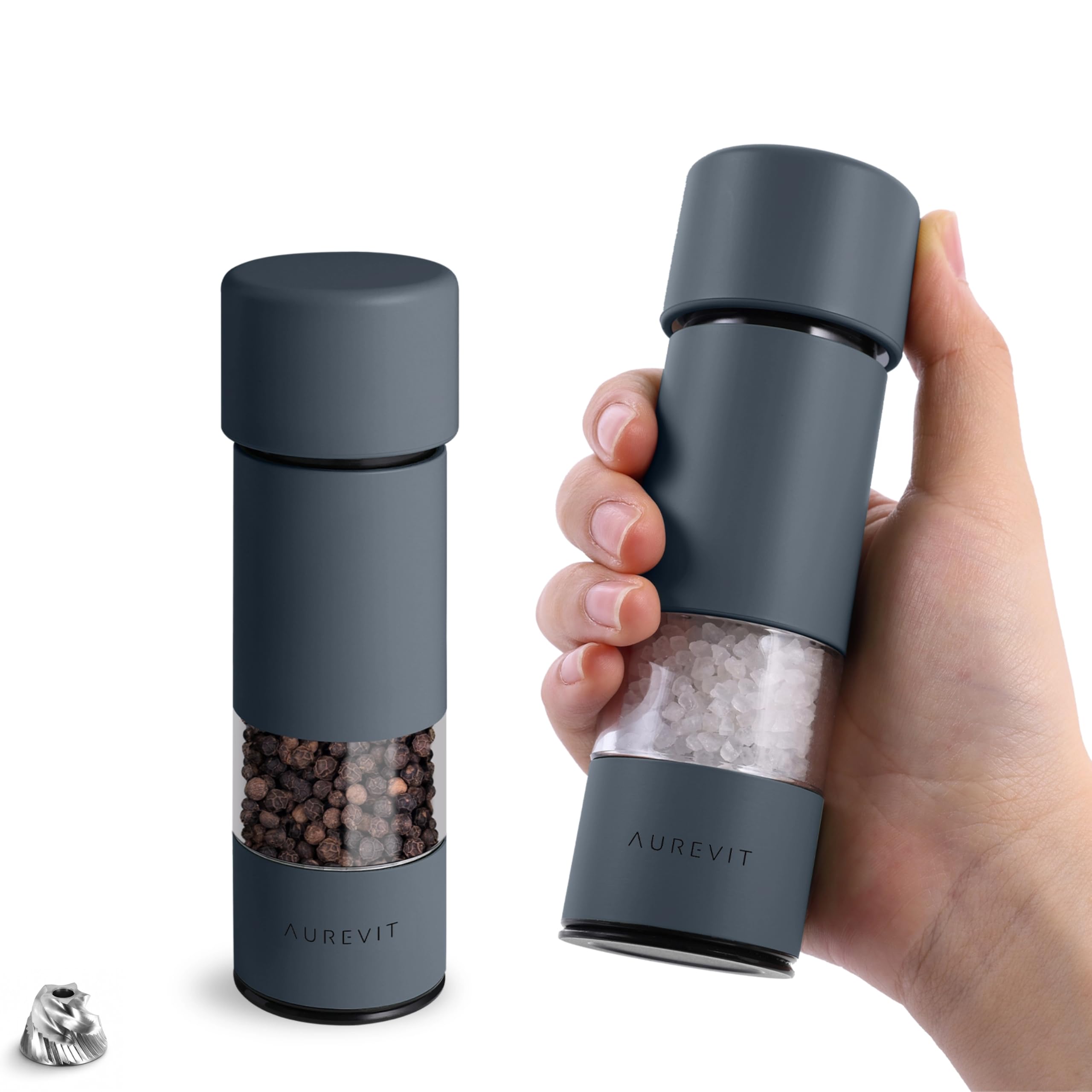 Aurevit Small Salt and Pepper Grinder Set, Manual Pepper Mill with Ceramic/Stainless Steel Core, External Adjustable Coarseness, Refillable, Portable for Travel (2 Packs, Blue-Grey)