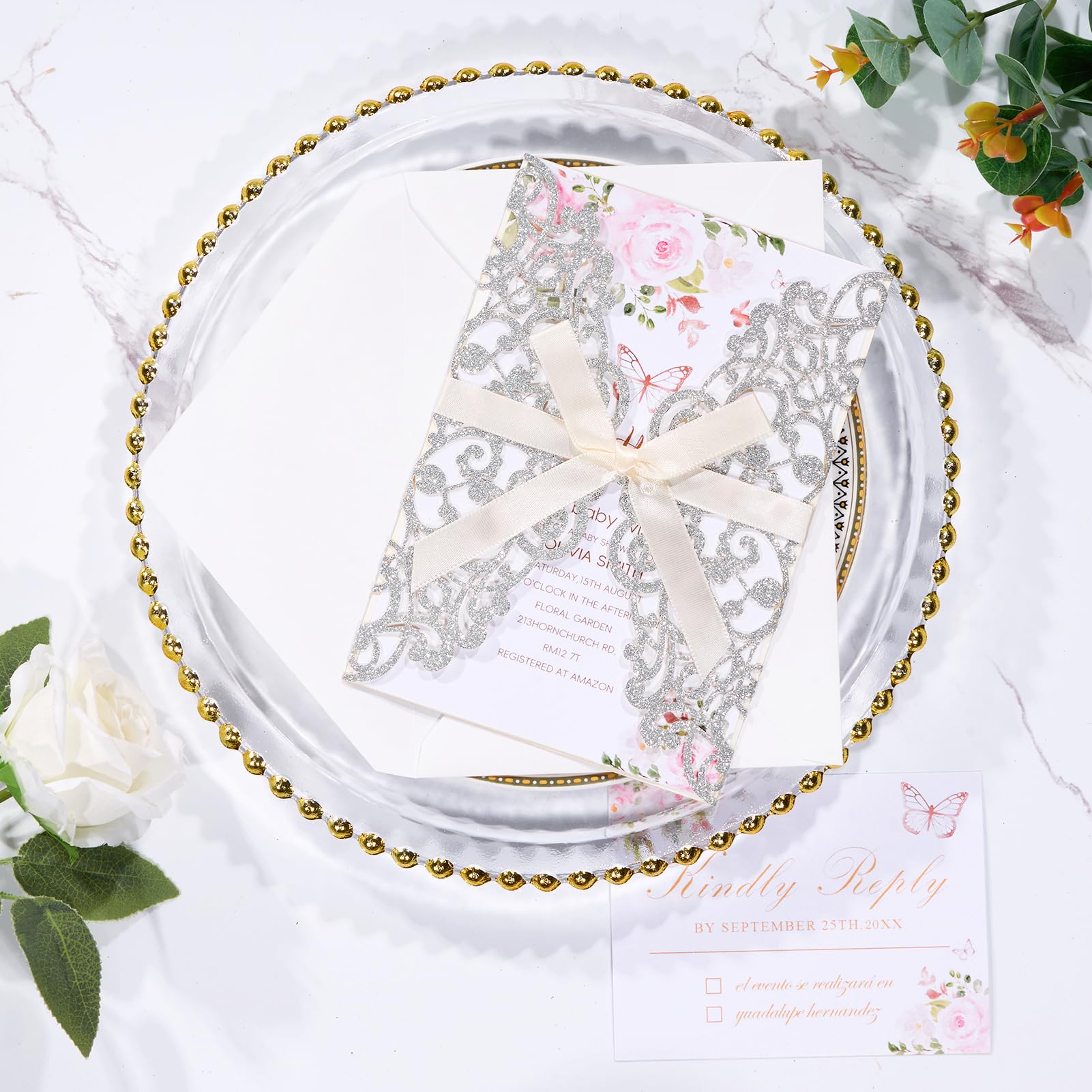 Hochzeitseinladungen mit Umschlägen und RSVP-Karten, Bändern, lasergeschnitten, blanko, Innenblatt, Perlpapier, Tarjetas de Invitación Para Boda XV Anos Quinceañera, Hochzeitseinladung, 50 Stück
