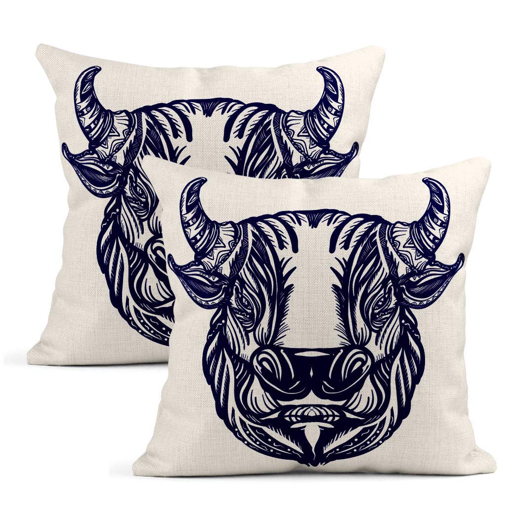 Nekkzi Cushion Covers Set of 2 Print Bull Head Tattoo and Big Furious Symbol Power Linen Home Decorative Throw Pillow Cover 16x16 Inch Pillowcase Hidden Zipper