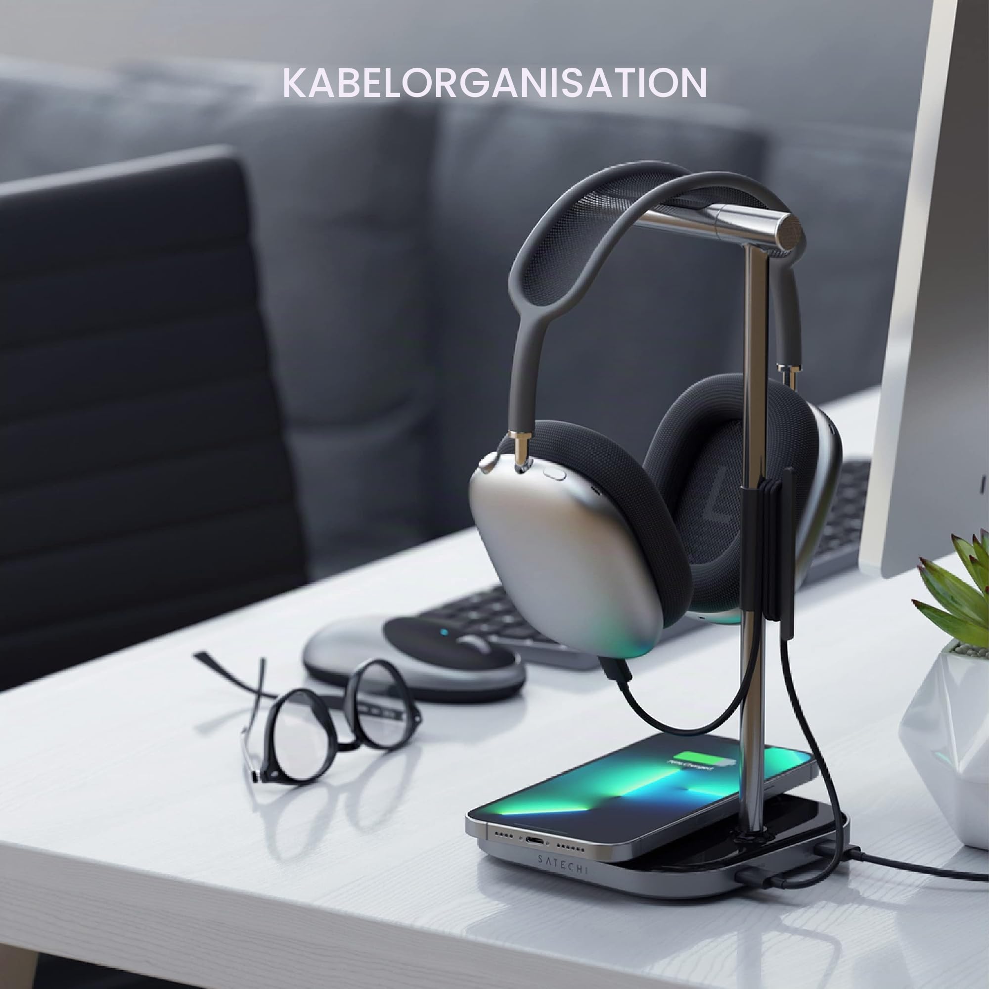 SATECHI 2-in-1 Kopfhörerständer mit kabellosem Ladegerät, USB-C Ausgang und magnetischem kabellosem Ladegerät, für iPhone 17, 16, 15 bis 12 Serie, Airpods Pro und andere Qi-fähige Geräte