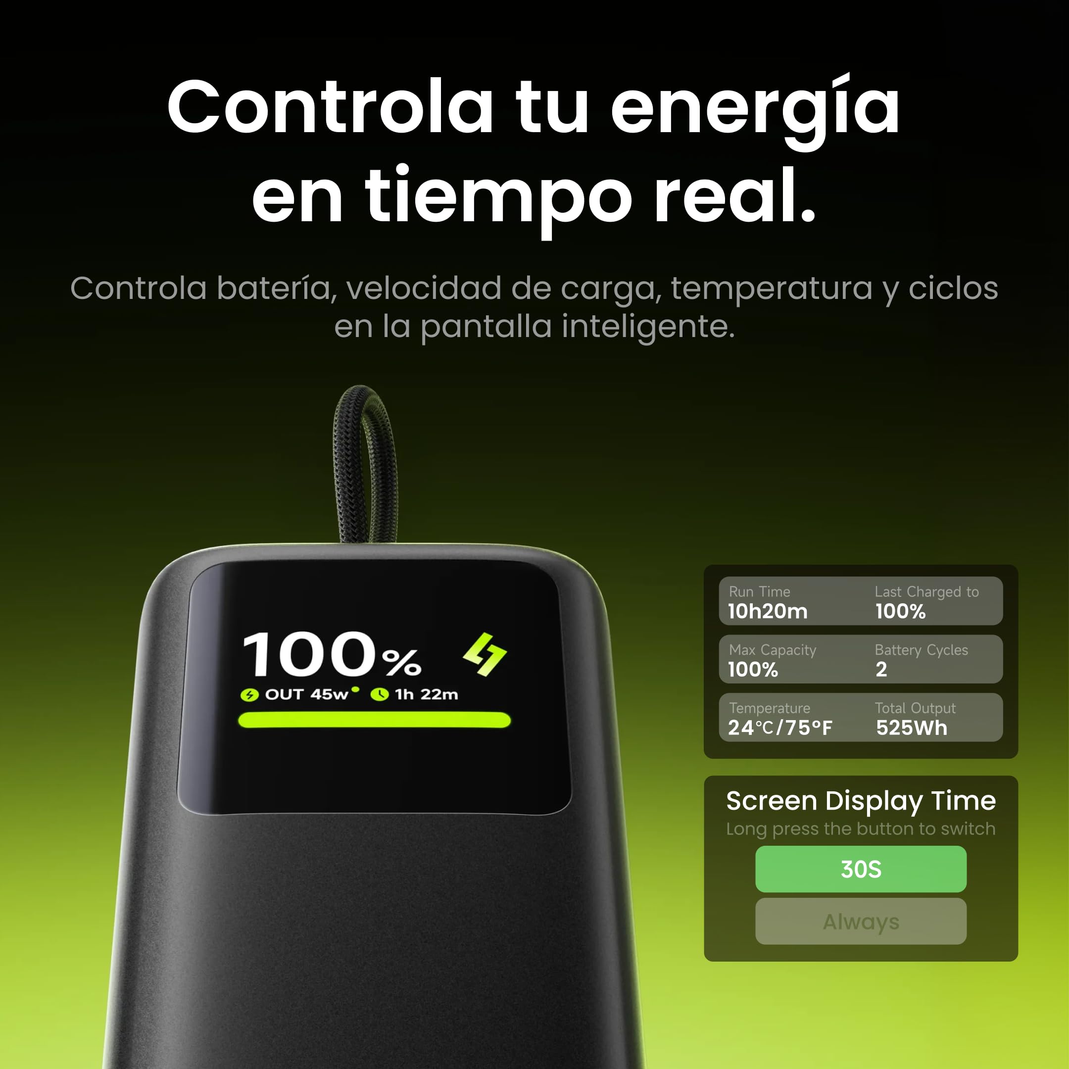 sharge 45W Fast Charging Power Bank, batería Externa de 10000mAh con Cable USB-C retráctil Integrado, Pantalla Inteligente y Carga rápida de 45W para iPhone 17/16, iPad y MacBook Air.
