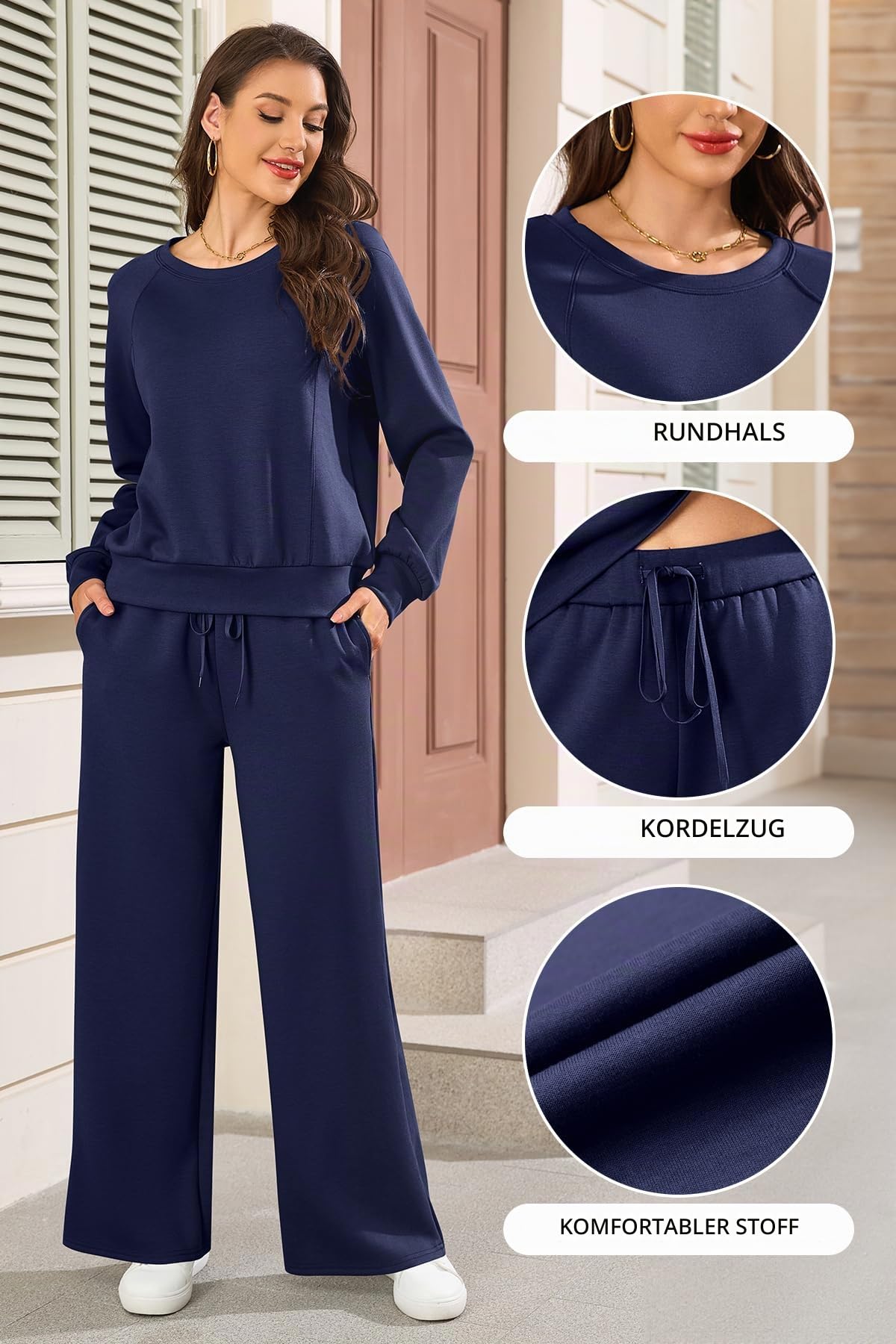 SHEKINI Trainingsanzug Damen Rundhals Sweatshirt und Jogginghose Kleidungsset Langarm Oberteil und Weite Hose Einfarbig Hausanzug Zweiteiler Tracksuit Set Outfit