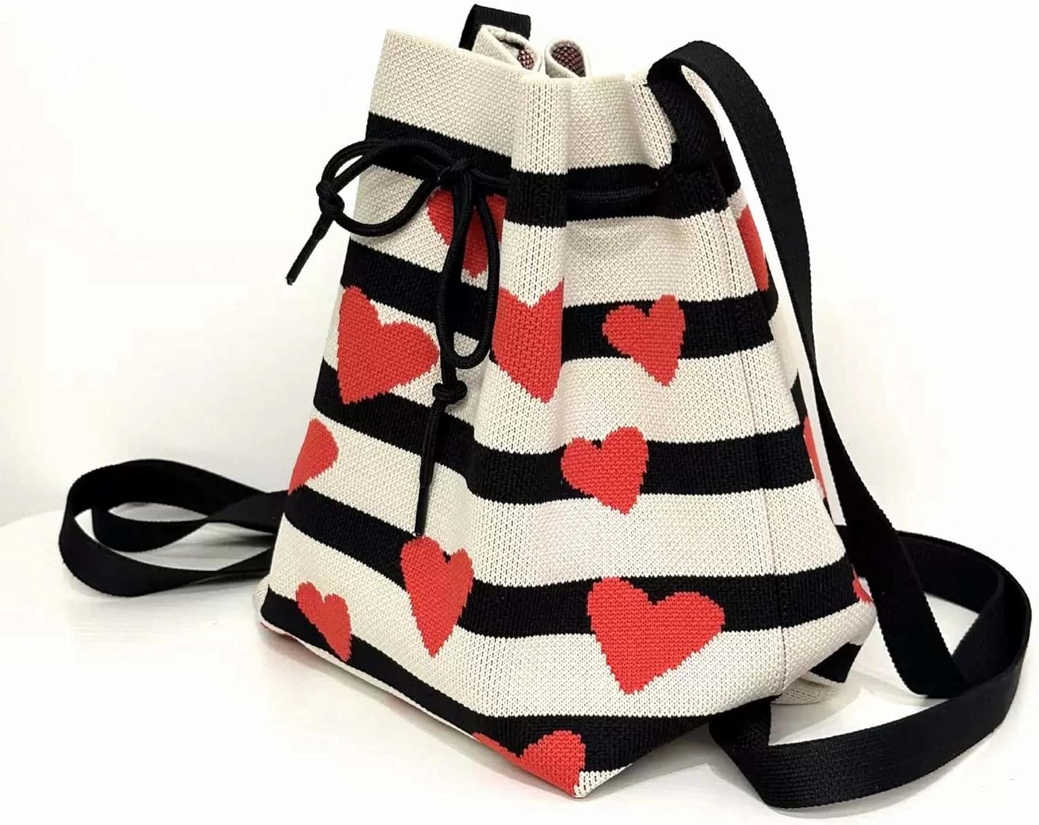 crochet heart drawstring knit bucket bag, small cute crossbody for women trendy, casual stripe everyday shoulder korean bags - Image 7