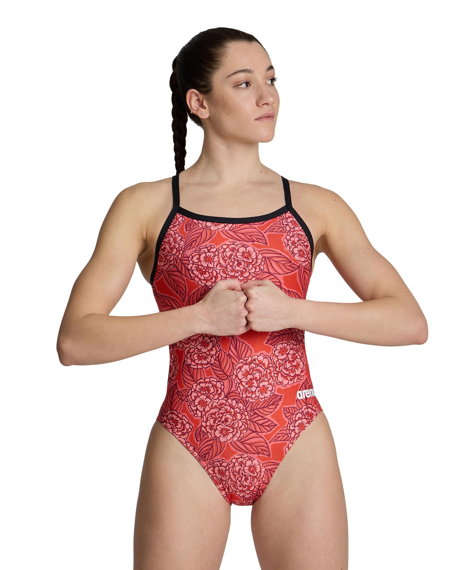 Arena Women's Performance Hydrangea Bouquet Print Challenge Back Bathing Suit One Piece Swimsuit, Black/Team Red, 28