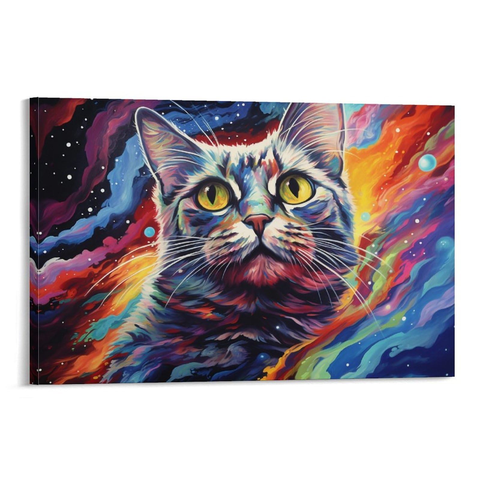 CPLVKWRQJ Bright Magical Colorful Single Colorful Cosmic Cat Portrait Framed Canvas Wall Art - Kitchen Removable Wall Art Multi-Purpose Focal Point Decor 20x30inch(50x75cm)