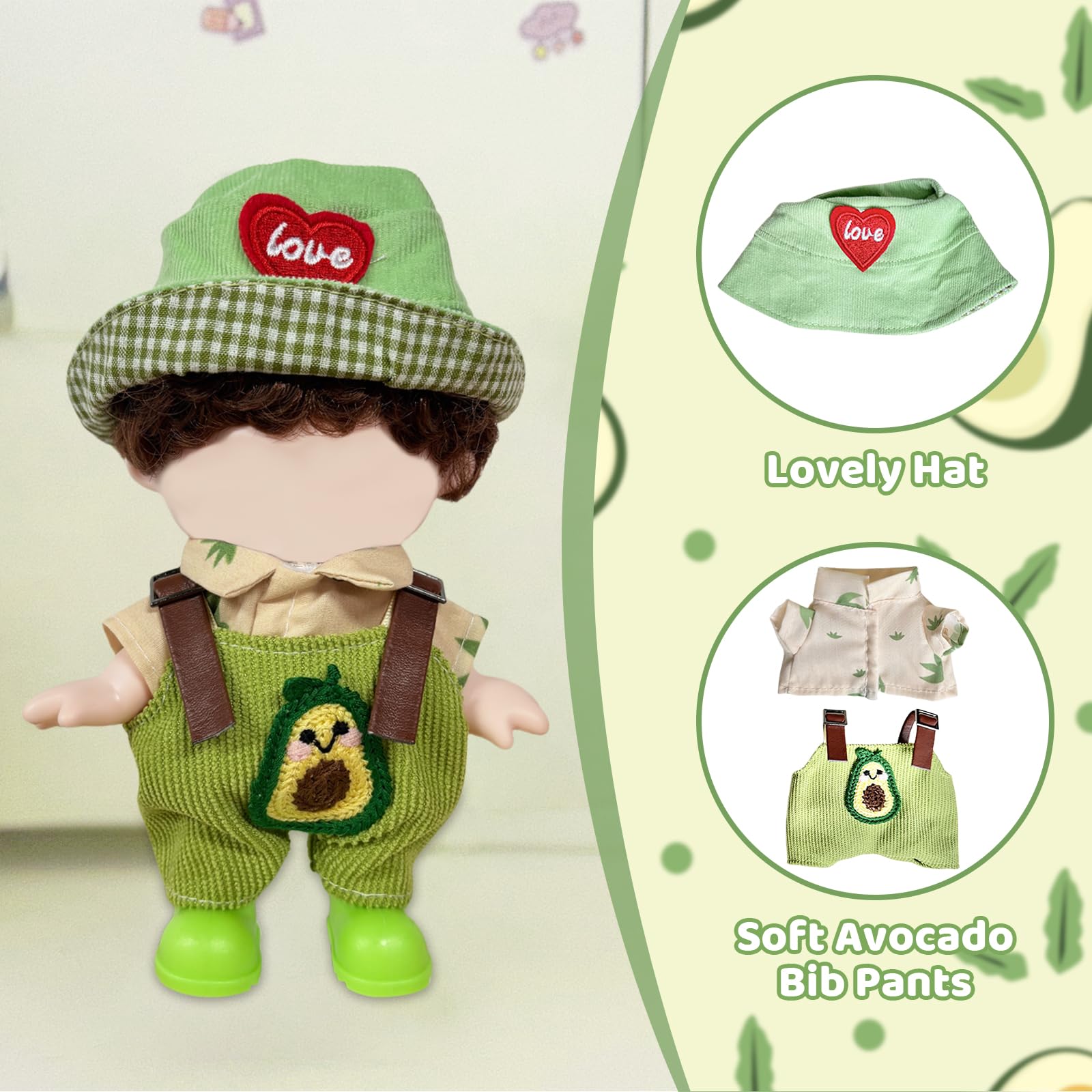 Mrltau 3 PCS Cute Avocado Style Doll Clothes Set for 15/17 cm Vinyl Plush Doll, Corduroy Overalls, Leaf Print Shirt - Image 3
