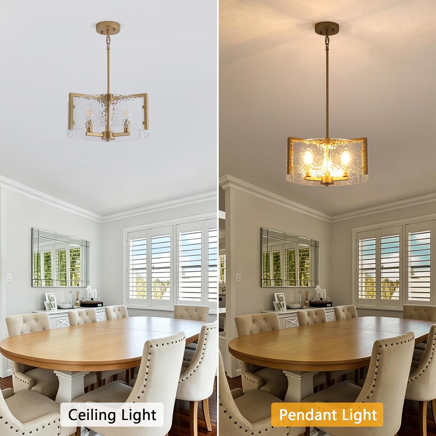 Modern Glass Chandeliers, 3 Light 15.7" Drum Chandelier for Dining Room Gold Pendant Light Fixture for Kitchen Island Bedroom, Living Room, Clear Ripple Glass Shade (E12 Bulbs Not Included)