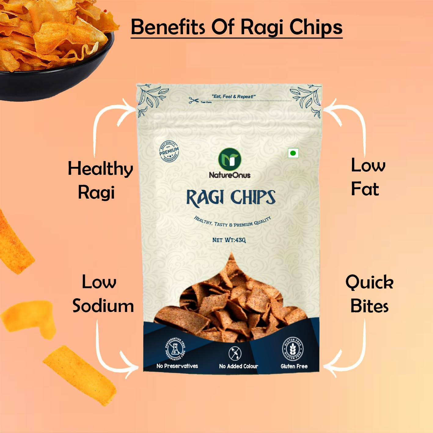 NatureOnus Ragi Chat Masala Chips 43gms x 3 | Finger Millets Chips | Perfect Snacking Chips- Made with Ragi (Finger Millet) | Millet-based Chips | High Protein Snacks 2