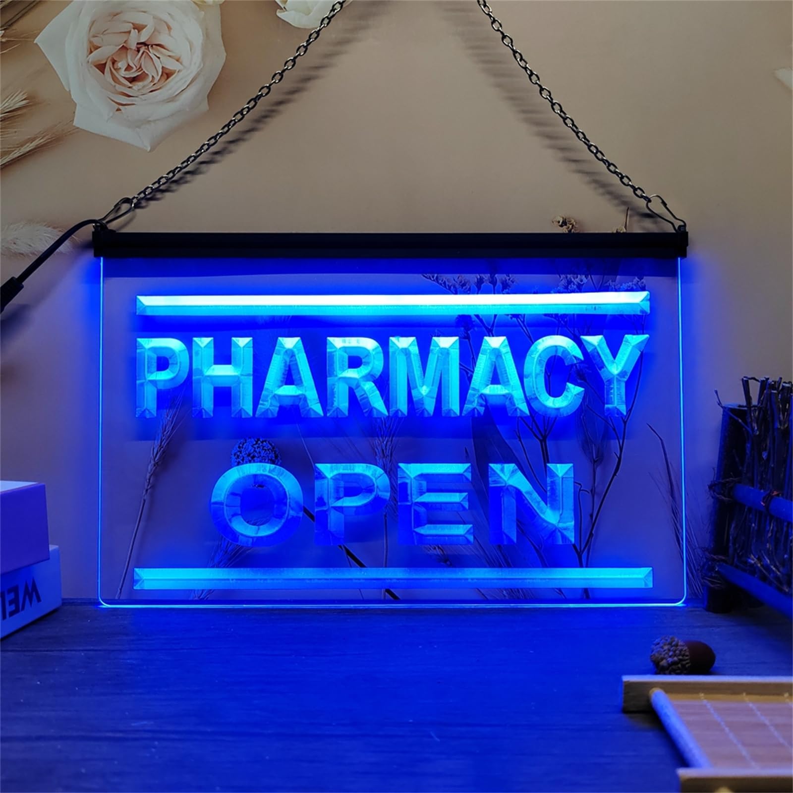 REWIS Pharmacy Open LED Neon Sign, Drug Shop 7-Color Dimming Neon Lights Wall Hanging Luminous Decor USB Powerd with Remote Control Dimmer,60x40cm