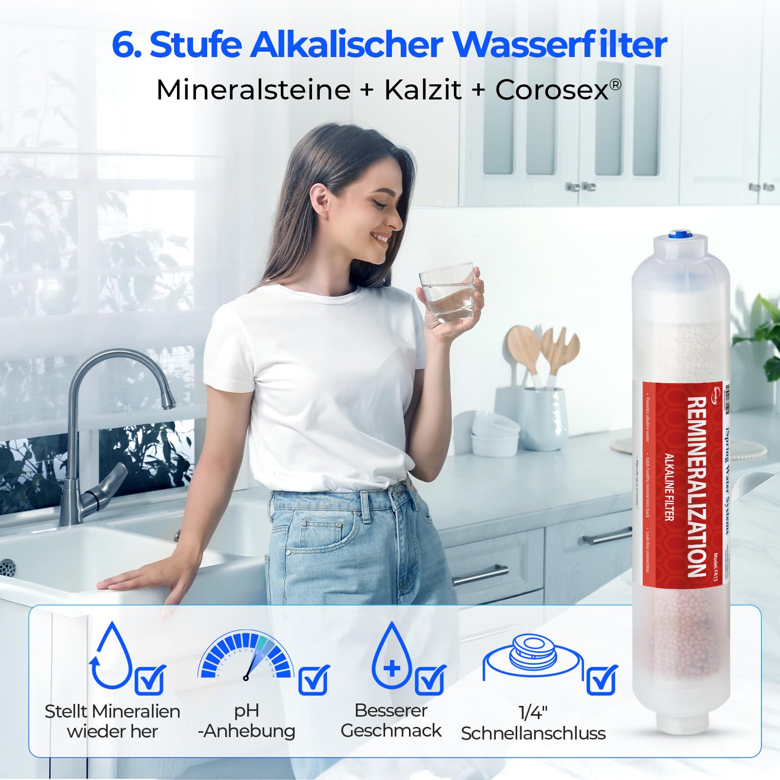 iSpring F9K 1 Jahre Umkehrosmose Wasserfilter Ersatzkartuschen-Set für 6-stufige alkalische Mineral-RO-Filtrationssysteme, ohne Membran, weiß