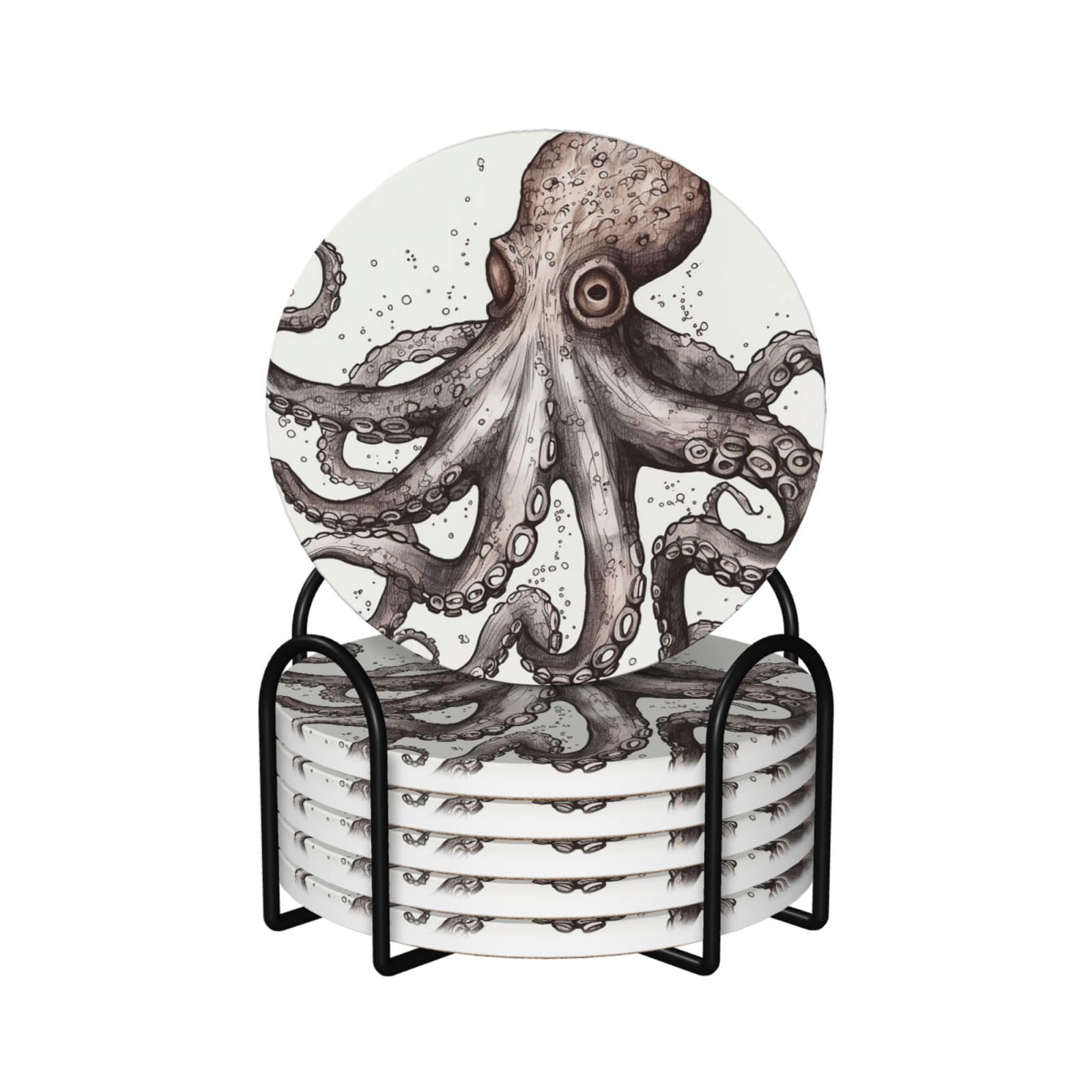 6Pcs Ceramics Coaster for Drinks, Octopus Cup Coasters with Holder, Aesthetic Drink Coasters for Coffee Table, Absorbent Round Coaster for Tabletop Protection 4" Cup Mat Pad