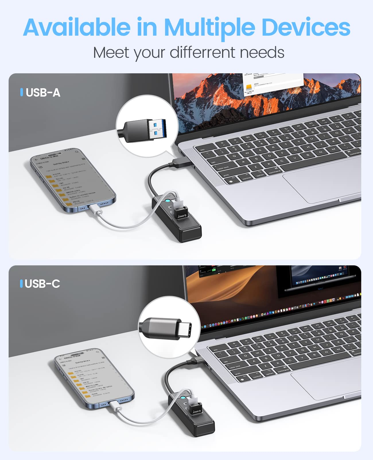 Hub USB C, ORICO 3 porte USB HUB 3.0 con 2 USB A, 1 tipo C per laptop con cavo da 0.15m, 5Gbps, Multi USB Adattatore compatibile con Mac OS 10.X e versioni successive, Linux, Android-Bianca