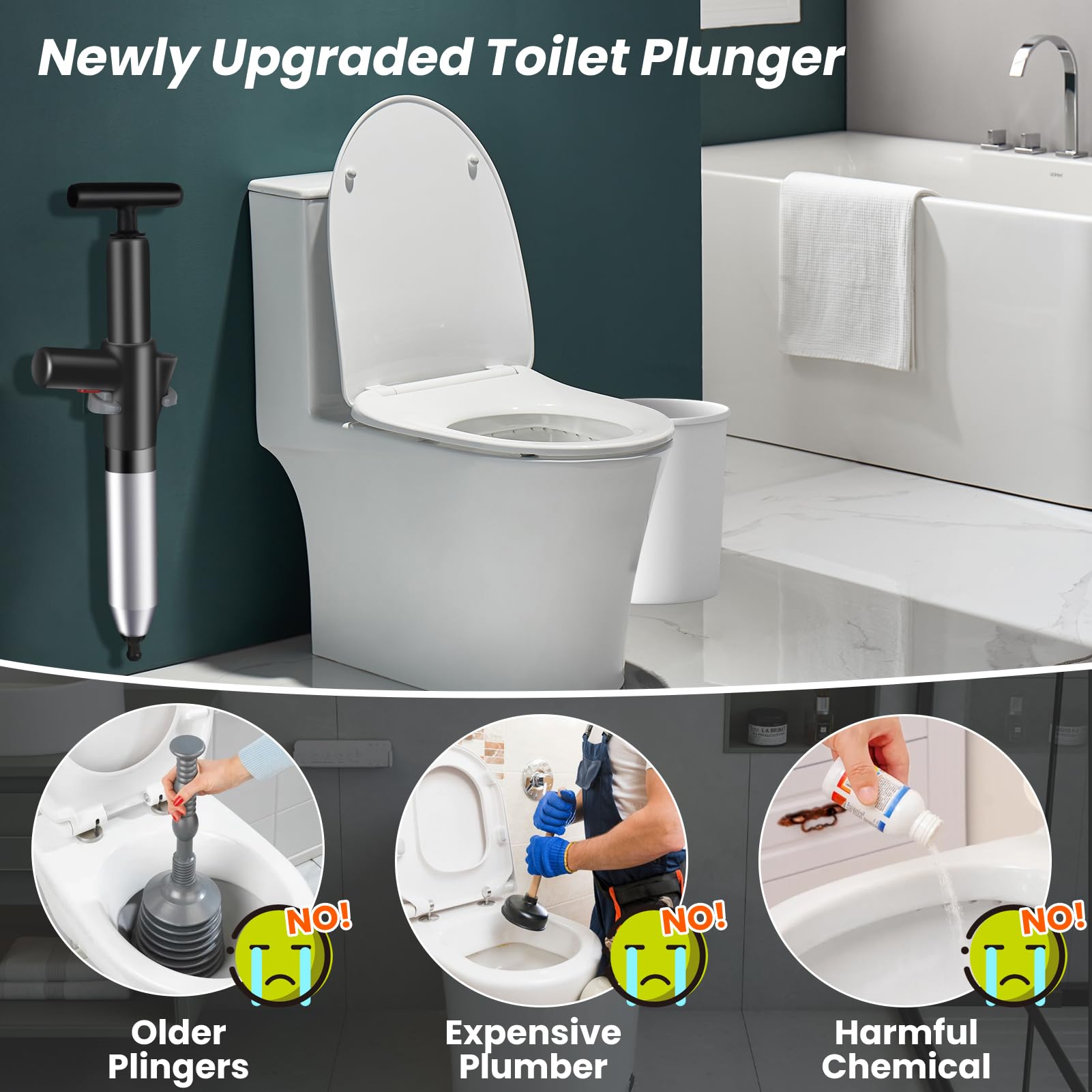 LightingWill Ensemble de déboucheur de toilettes haute pression robuste avec un support et 4 têtes remplaçables, outils de débouchage de toilettes pour déboucher les toilettes, baignoires, douches